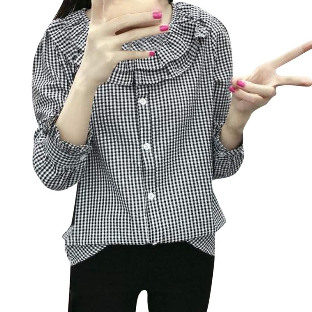 Stylish Black and White Plaid Blouse for Women - Elegant Ruffle V-Neck Long Sleeve Vintage Gingham Top Shirt | Perfect for Office, Date Night & Casual Outfits