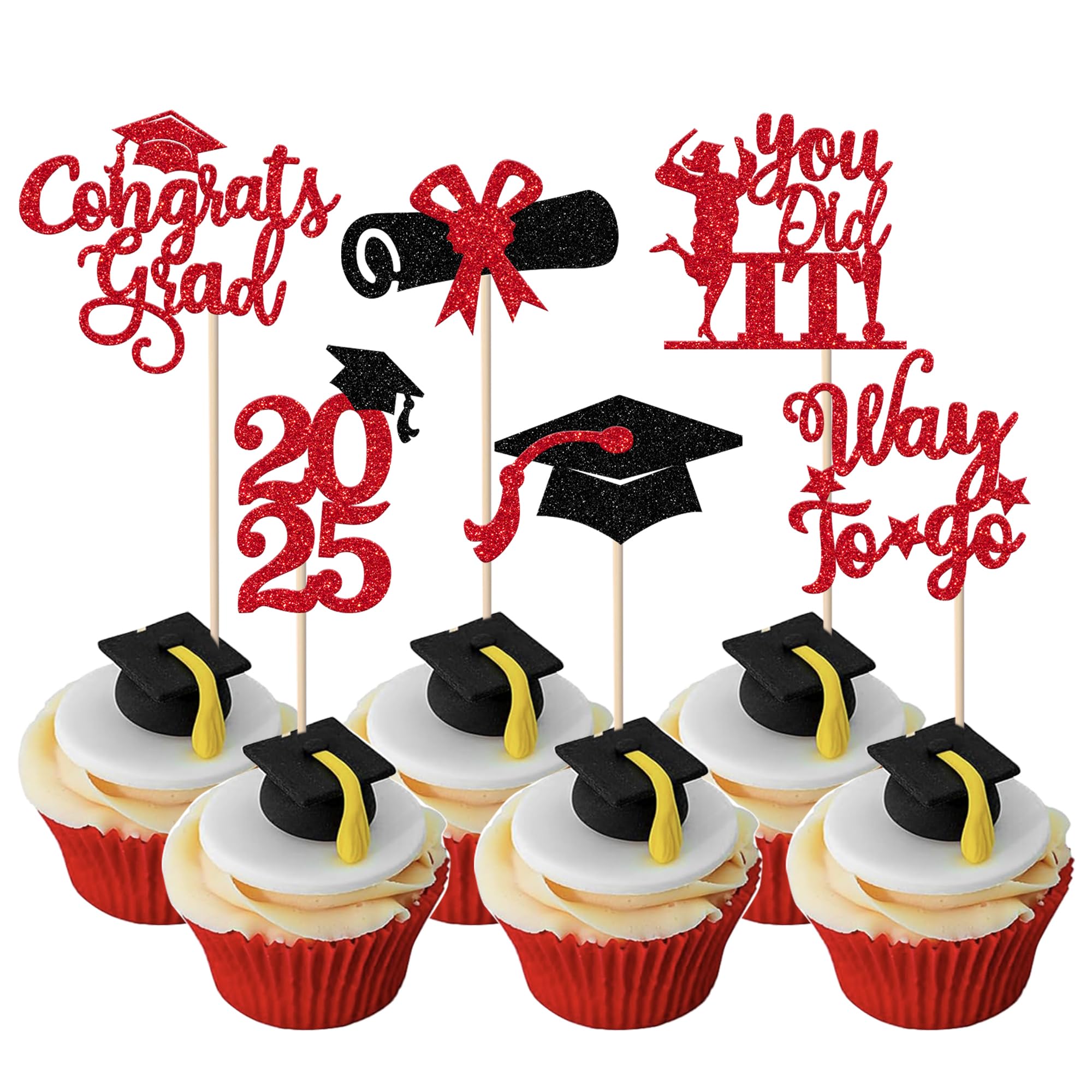 24 Pack Lawyer 2025 Graduation Cupcake Toppers - Glitter Class of 2025 Grad Cap Law School Survivor Cupcake Picks - Perfect for 2025 Lawyer Graduation Party, Cake Decorations & Supplies (Red) - Great for Law School Graduation Celebrations, Office Parties & Dessert Table Decor