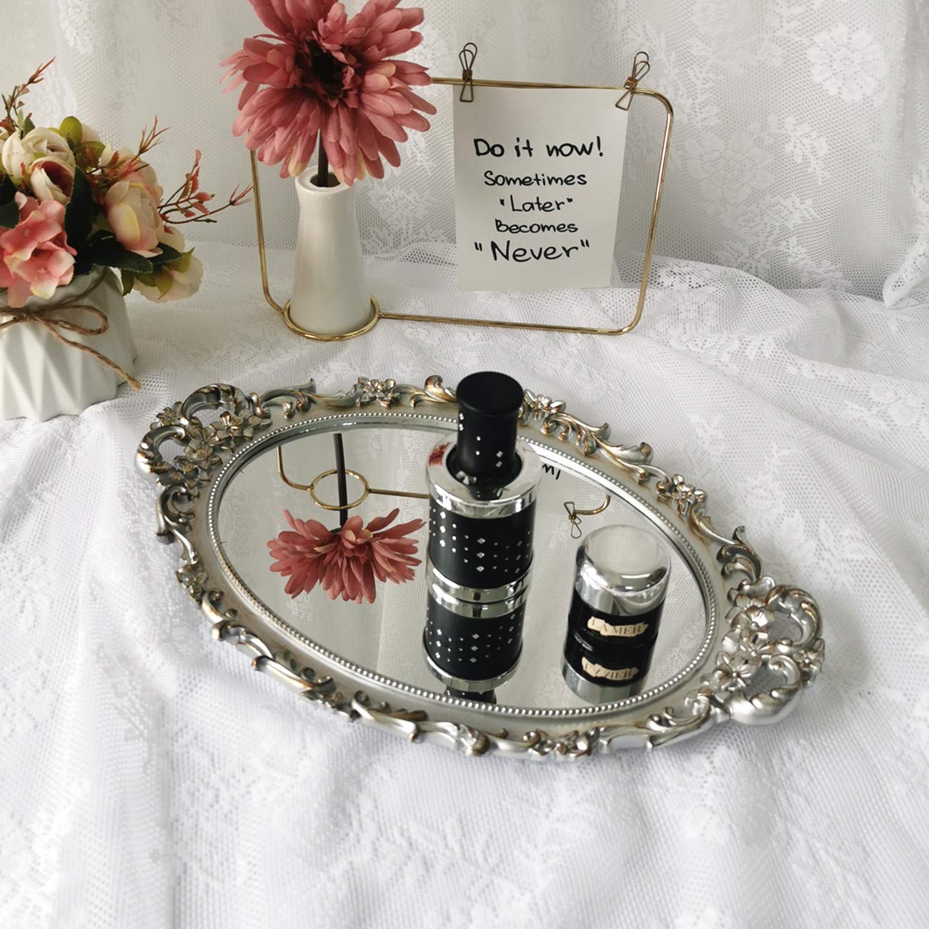 Elegant Silver Ham Oval Floral Wall Mirror Tray - 9.5