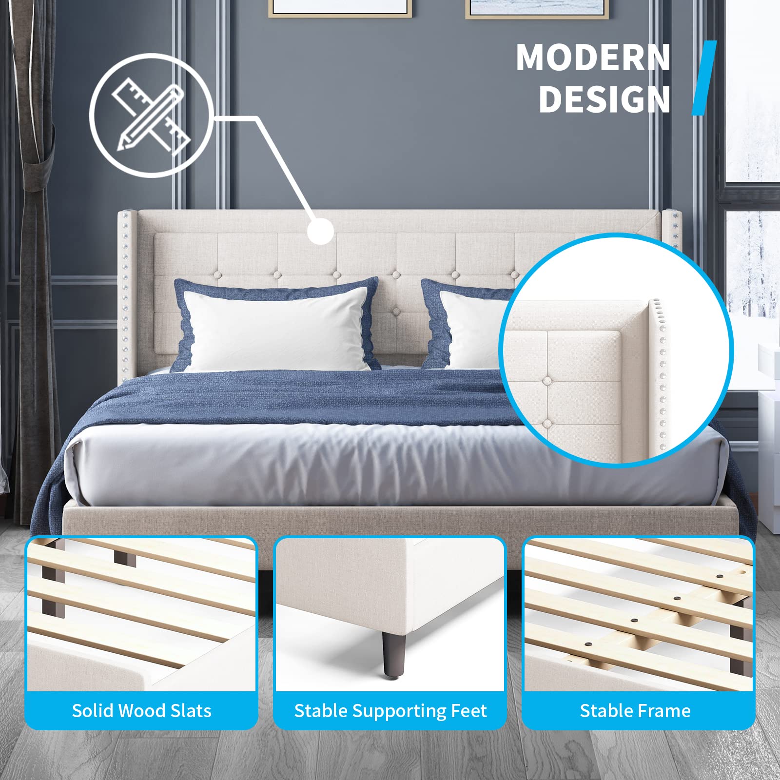 Modern King Size Platform Bed Frame with Wingback Headboard & Tufted Buttons - No Box Spring Needed, Easy Assembly (Beige) - Perfect for Master Bedroom, Guest Room, or Apartment