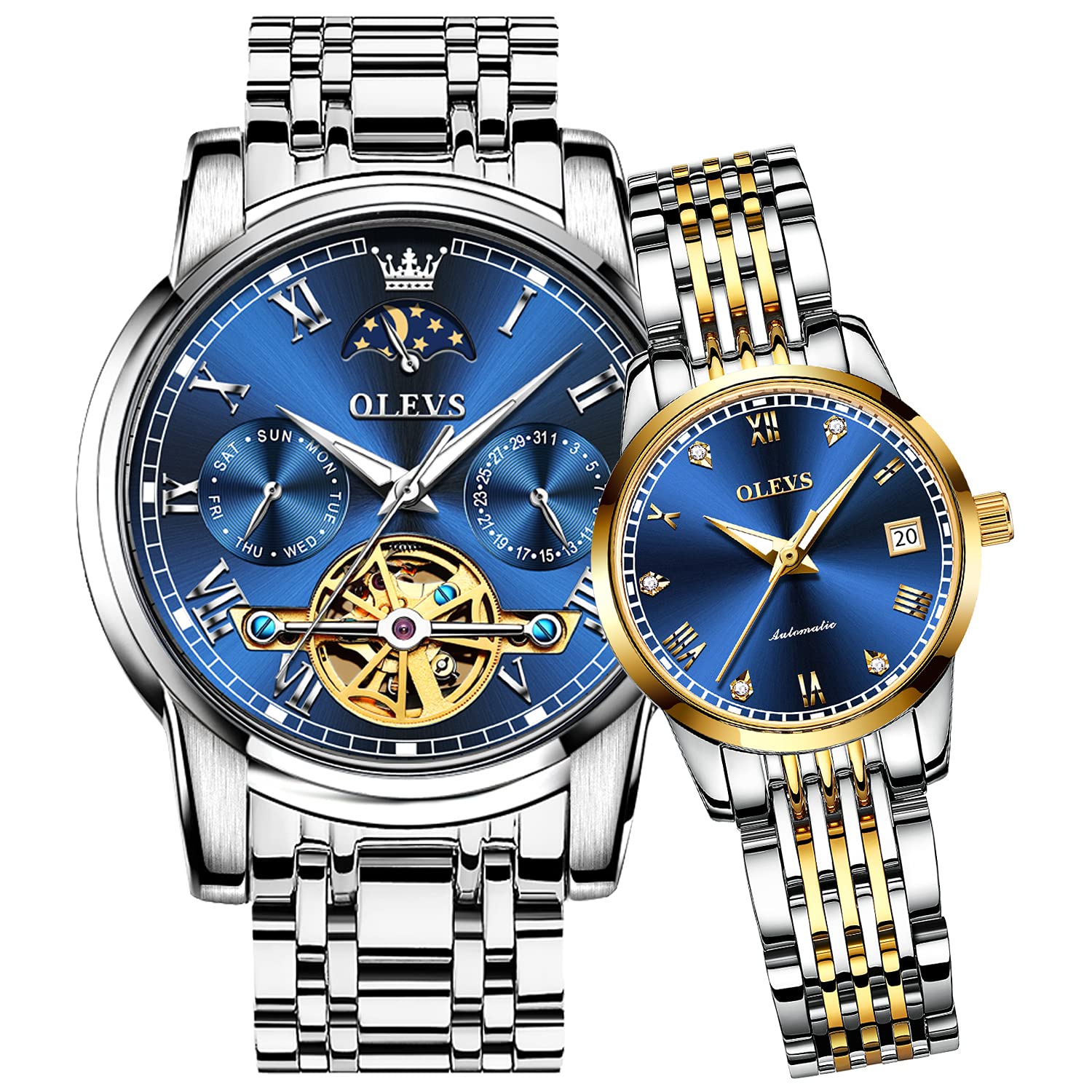 OLEVS Automatic Couple Watches for Men and Women - His and Hers Matching Mechanical Self-Winding Tourbillon Dress Watches with Day Date Calendar, Two Tone Big Face - Perfect for Anniversaries, Weddings & Romantic Gifts