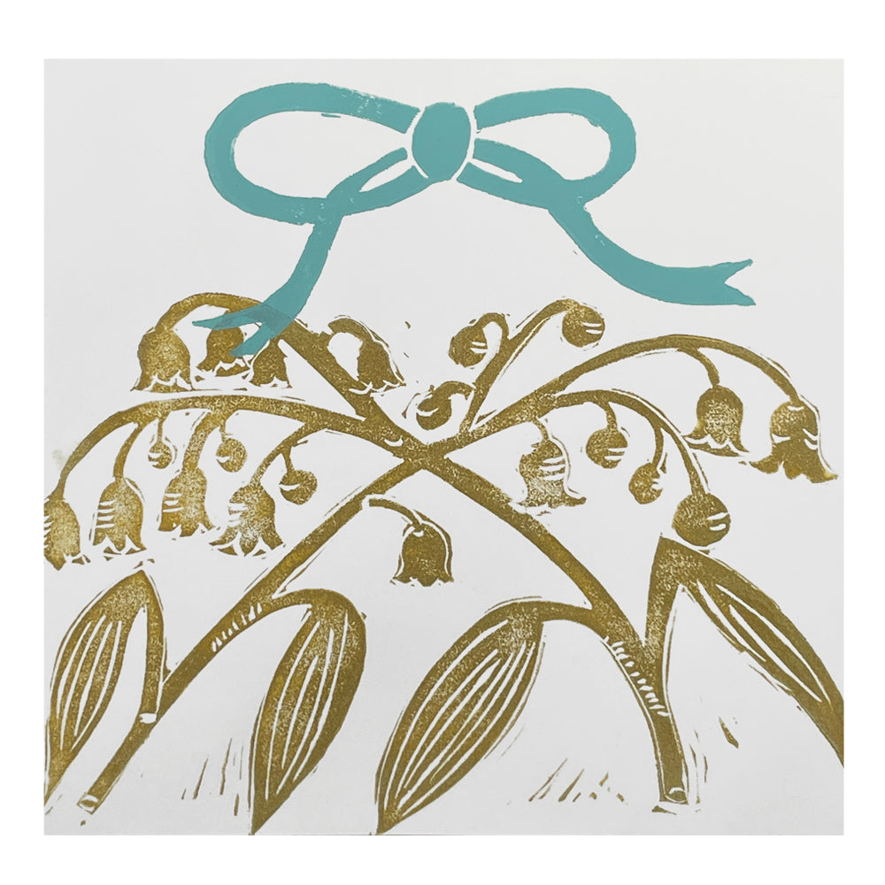 Handmade Block Printed Lily of the Valley Greeting Card with Blue Bow - Perfect for Birthdays, Anniversaries & Thank You Notes | Eco-Friendly Stationery Gift