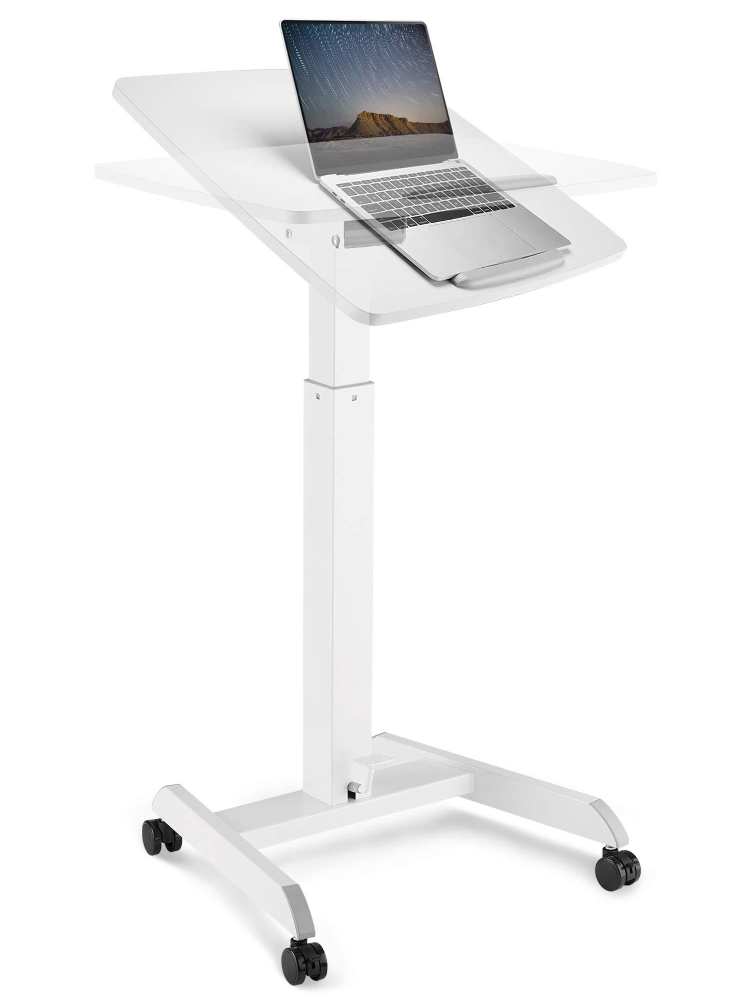 Adjustable Mobile Podium Stand with Wheels - Pneumatic Standing Desk & 30° Tilting Top, Portable Lectern for Lectures, Meetings, Home Office & Computer Work - White (Ideal for Classrooms, Conferences & Remote Work)
