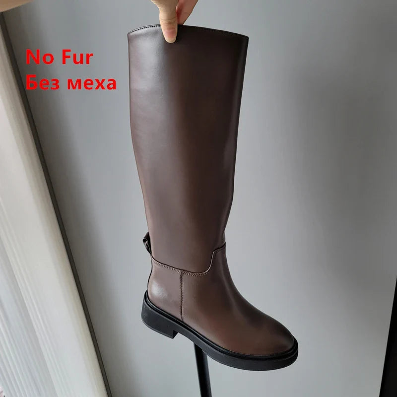 FEDONAS Women's Genuine Leather Knee High Boots with Thick Heel - Warm Winter Riding Boots for Autumn & Winter - Perfect for Motorcycle Riding, Office Wear & Cold Weather Fashion