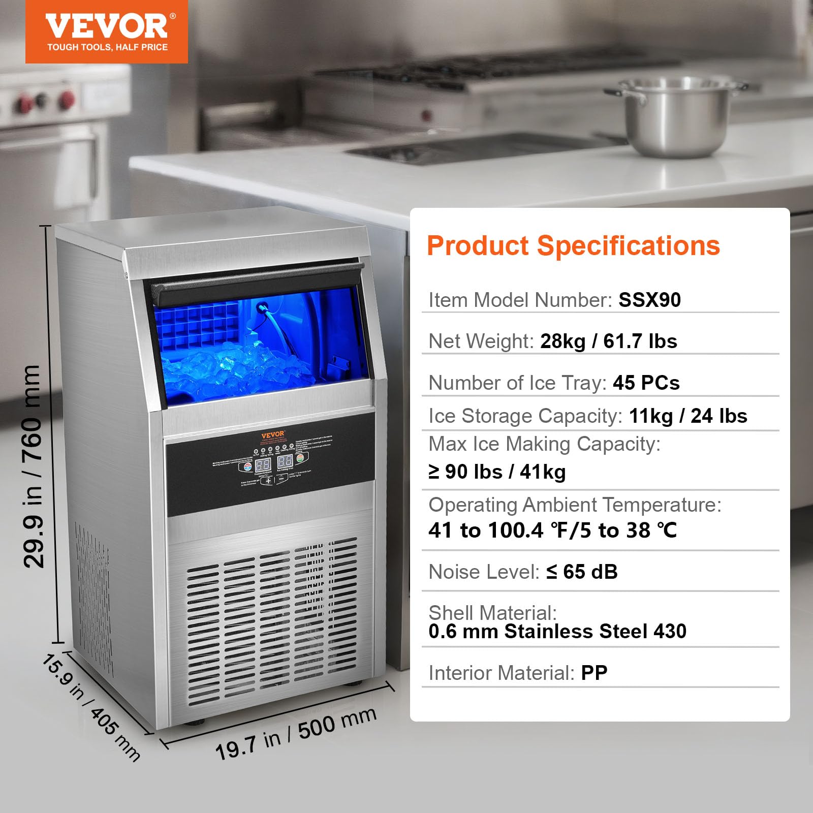 VEVOR Commercial Ice Maker Machine 90lbs/24H, Freestanding Cabinet with 24lbs Storage & LED Display - Makes 45 Ice Cubes in 12-15 Minutes - Perfect for Bars, Restaurants, Home Offices and Commercial Use
