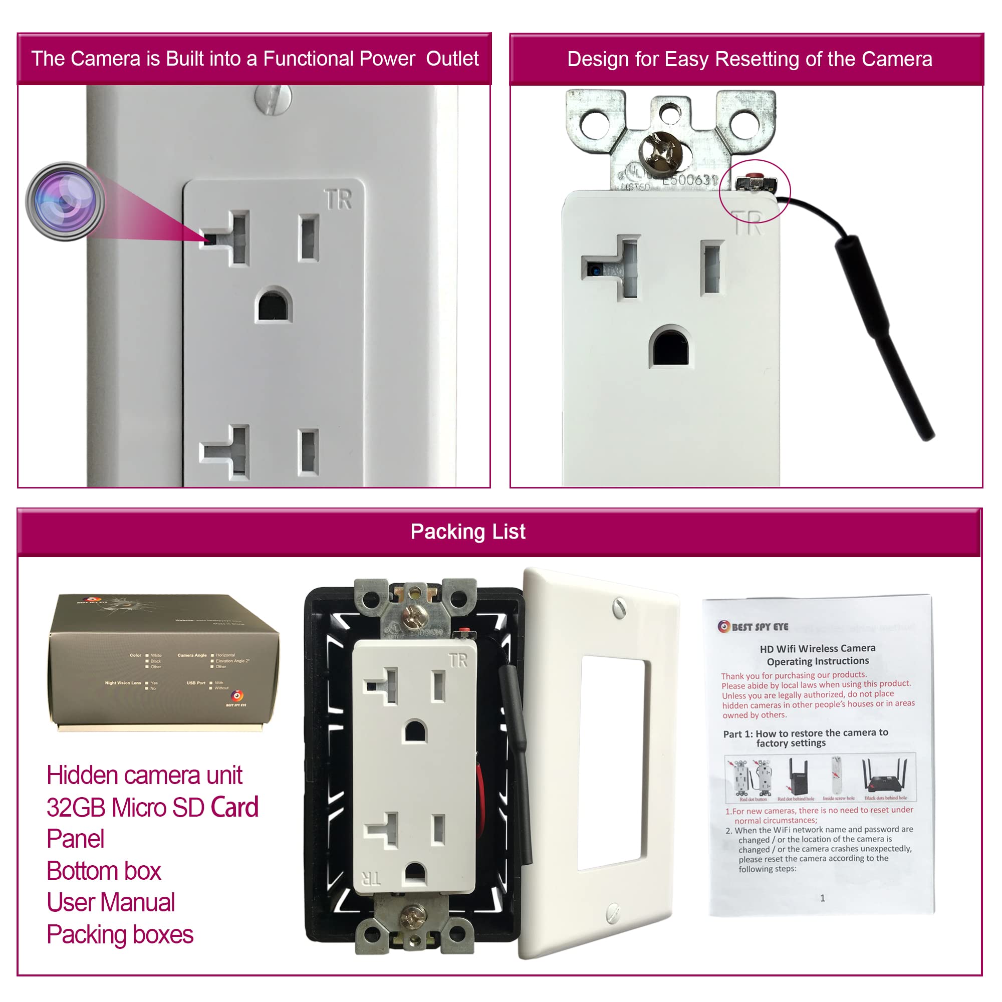4K HD WiFi Hidden Spy Camera in Functional AC Outlet - Night Vision Option with Separate Infrared Lamp (Lens Down) for Home Security & Office Monitoring | Indoor Surveillance & Covert Recording