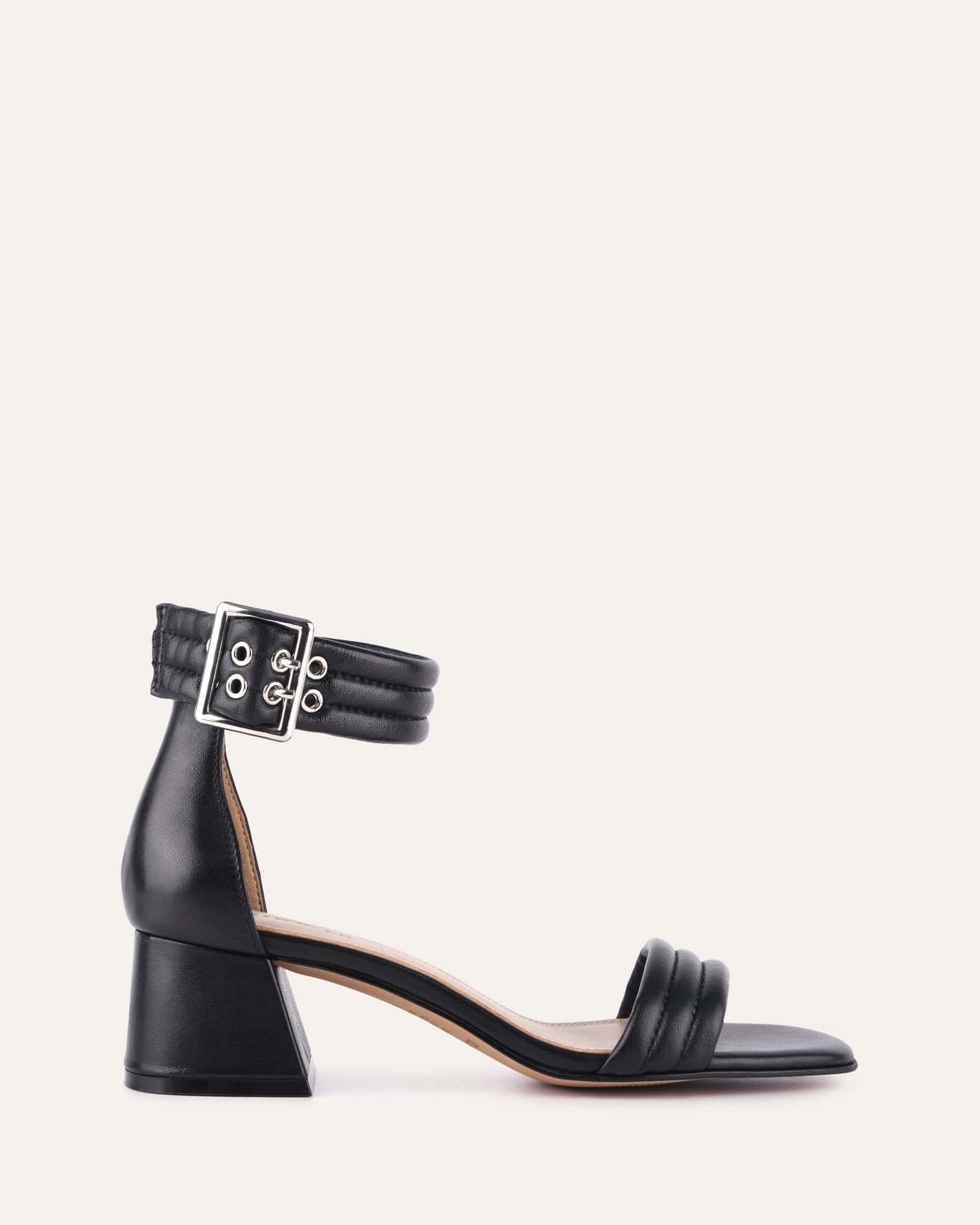 LYRIC Black Leather Mid Heel Sandals for Women - Comfortable Dressy Strappy Shoes for Summer, Weddings & Office Wear