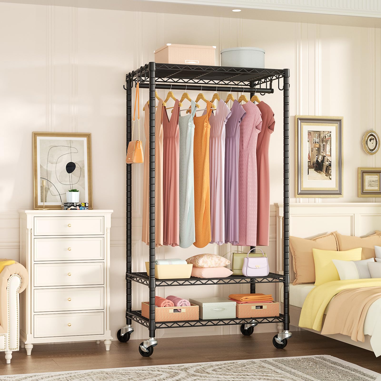 Heavy Duty P6 Rolling Clothes Rack - 380 LBS Capacity Freestanding Garment Rack with Wheels, 35.5