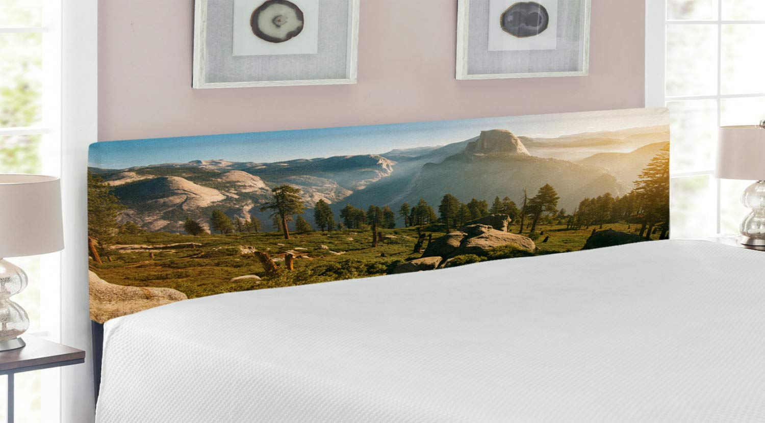 Ambesonne Yosemite Upholstered Metal Headboard - King Size Green Beige Memory Foam Bed Headboard with Yosemite Valley & Half Dome Scenic Design | Perfect for Bedroom Decor, Guest Rooms & Cozy Home Makeovers
