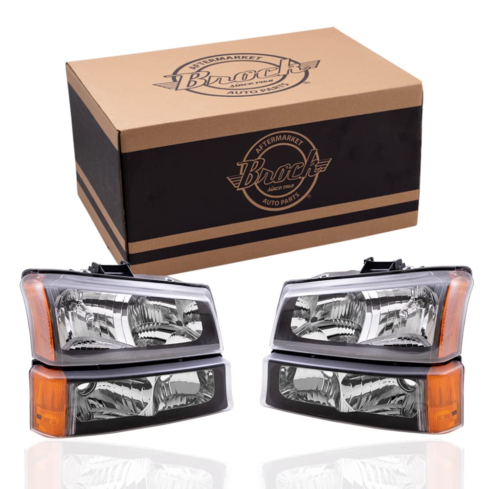 Brock Replacement Performance Headlights & Parking Signal Lights with Black Bezel for 2003-2006 Chevy Avalanche & Silverado Pickup Trucks - Upgrade Your Night Driving Safety & Style