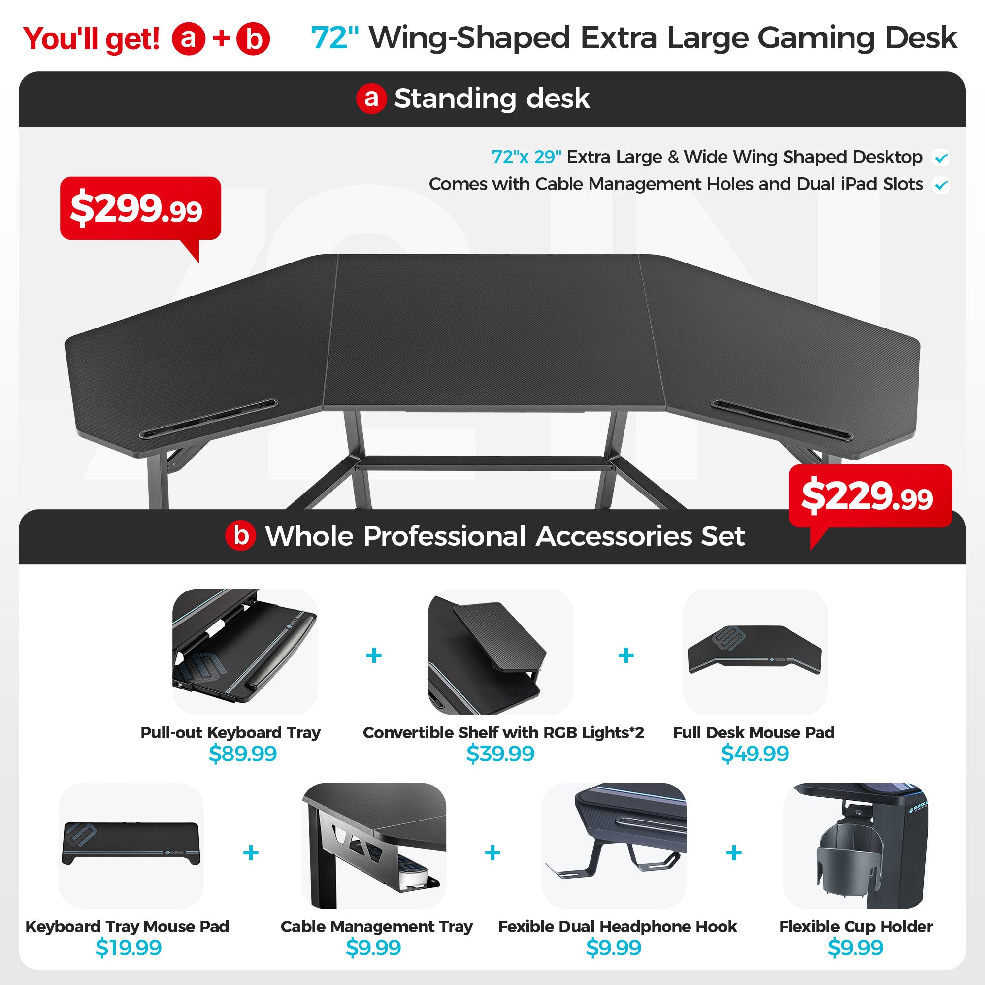 Aero Wing Shaped Studio Desk - Black (63 & 72 Inch) - Perfect for Home Office, Gaming Setup & Music Production Workspace