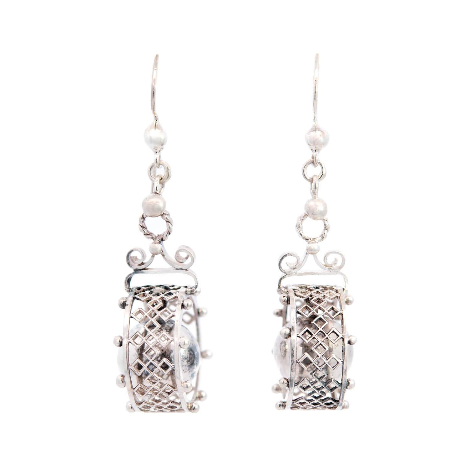 Victorian Style Sterling Silver Geometric Hoop Earrings with Dangling Balls - Elegant Vintage Jewelry for Women, Perfect for Weddings, Parties & Special Occasions