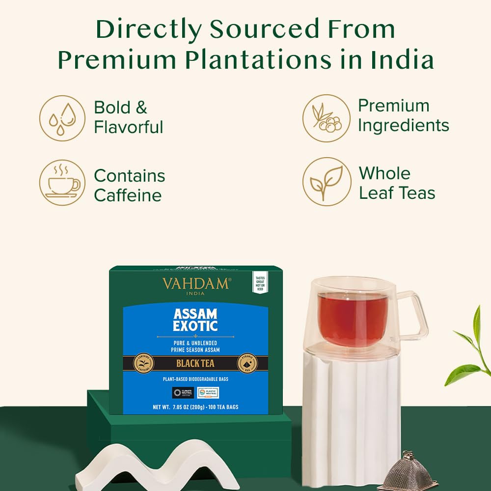 VAHDAM Assam Exotic Black Tea Bags (100 Count) - High Caffeine, Gluten Free, Full Bodied Pyramid Tea Bags | Strong Robust Flavor | Direct Trade from India | Perfect for Morning Boost, Afternoon Pick-Me-Up & Office Use