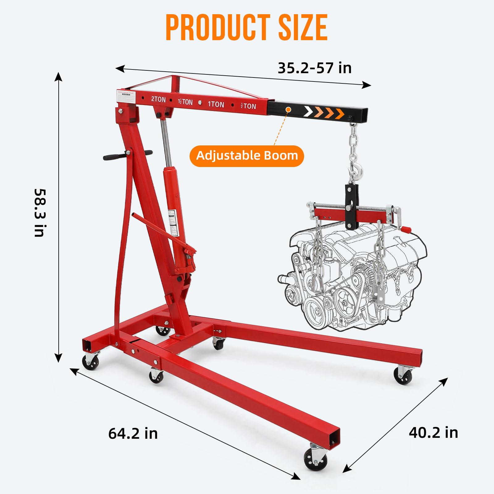 GARVEE 2 Ton Folding Hydraulic Engine Hoist with Lever - Heavy Duty Shop Crane Lift, 6-Wheel Cherry Picker for Garage & Workshop (Red) - Perfect for Auto Repair, Engine Removal, and Industrial Maintenance