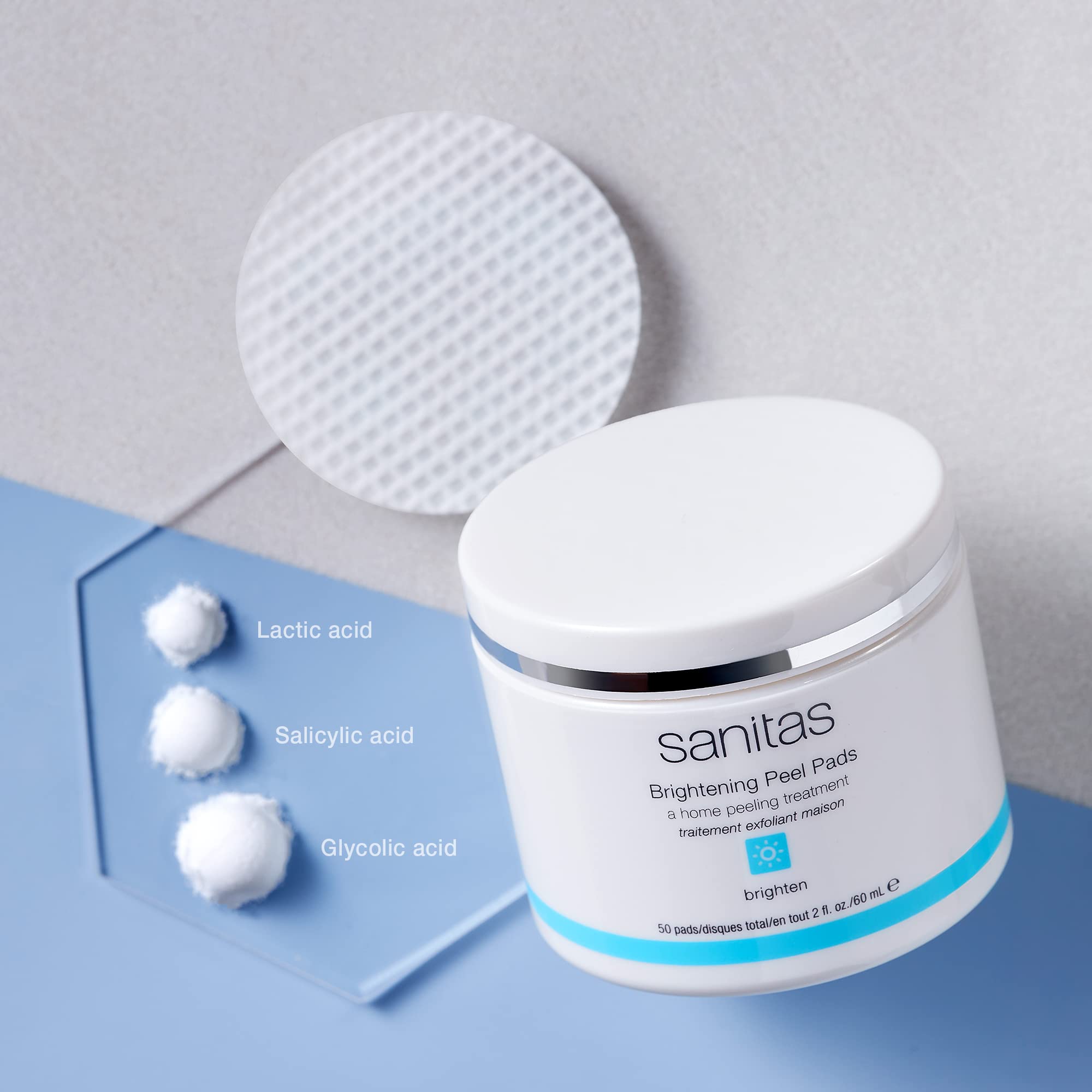 Sanitas Skincare Brightening Peel Pads with Lactic, Glycolic & Salicylic Acids - Exfoliating Facial Treatment for Glowing Skin - 50 Pads (2 oz) - Perfect for At-Home Chemical Peel & Skin Renewal