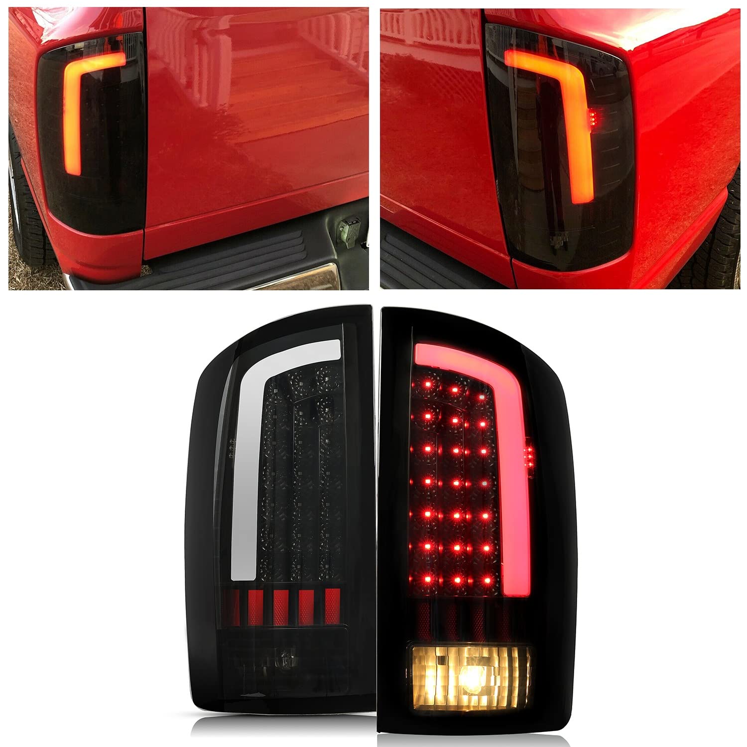 HECASA LED Tail Lights Assembly for 2002-2006 Dodge Ram 1500/2500/3500 - Smoke Lens Black Housing LED Tube Bar Rear Brake Turn Signal Lamps (Pair) | Enhanced Night Visibility & Safety for Truck Drivers