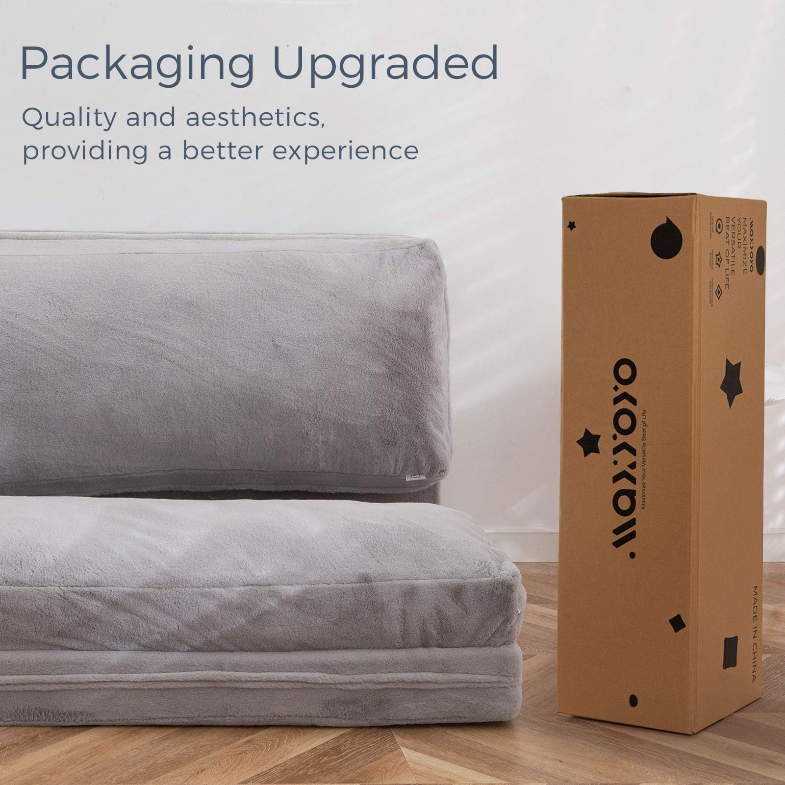 MAXYOYO Extra Thick Folding Bean Bag Bed - 54x95 Inch Floor Sofa for Adults with Washable Faux Fur Cover | Versatile Floor Couch for Bedroom, Living Room & Guest Room | Grey Comfortable Floor Chair for Relaxing, Lounging & Sleepovers