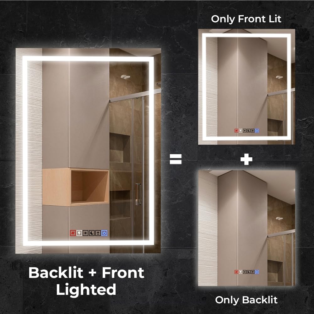 20x30 Inches LED Bathroom Mirror with Anti-Fog & Dimmable Lights - Backlit & Front Lit Vanity Mirror with Tempered Glass & Memory Function - Perfect for Modern Bathrooms, Makeup Vanity & Spa Decor