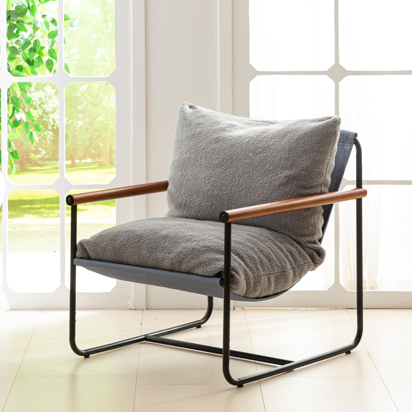 MAXYOYO Modern Accent Chair with Wood Armrests - Dark Grey Living Room Chair for Home, Office & Lounge - Comfortable Seating for Relaxing, Reading & Decor