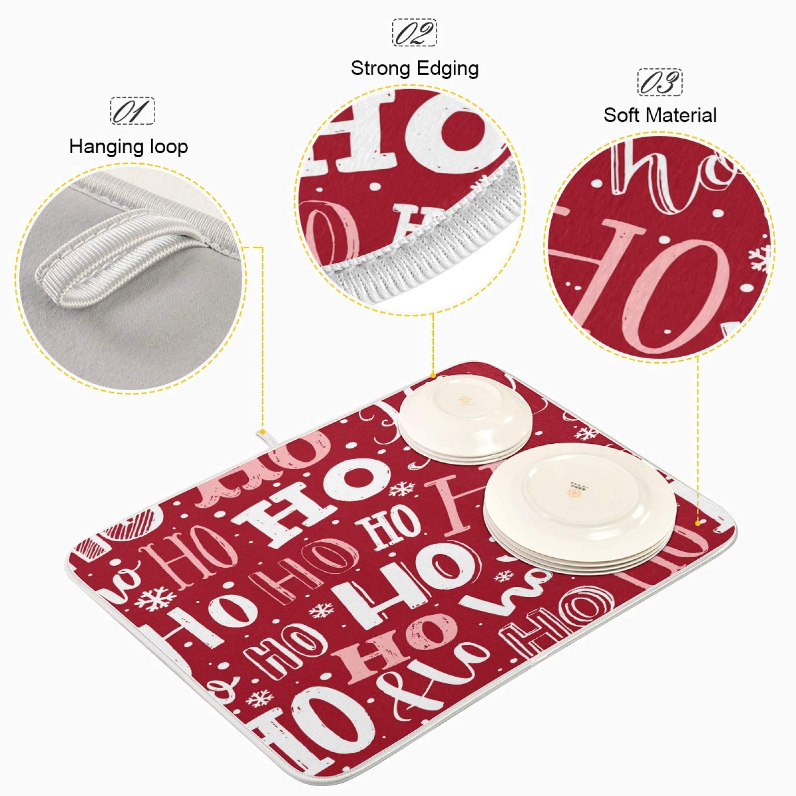 Red Christmas Ho Ho Ho Pattern Dish Drying Mat - Absorbent Kitchen Decor with Santa Claus Design, Non-Slip Drainer for Dishes & Baby Bottles | Perfect for Holiday Home Decor & Gift Giving