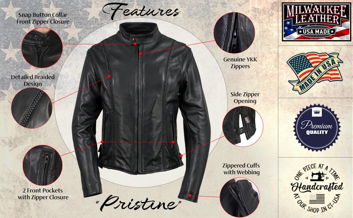 Milwaukee Leather MLJKL5002 Women's Black Premium Motorcycle Jacket - USA Made Genuine Leather Biker Jacket for Riding & Casual Wear