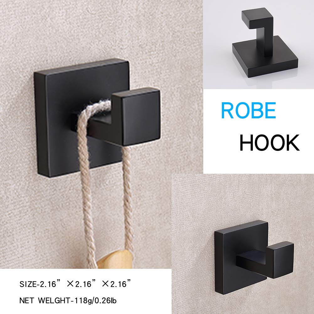 TASTOS 3-Piece Matte Black Bathroom Hardware Set - Premium Stainless Steel Wall Mounted Robe Hook, Toilet Paper Holder & 16-Inch Towel Bar - Modern Bathroom Accessories for Home & Hotel Use