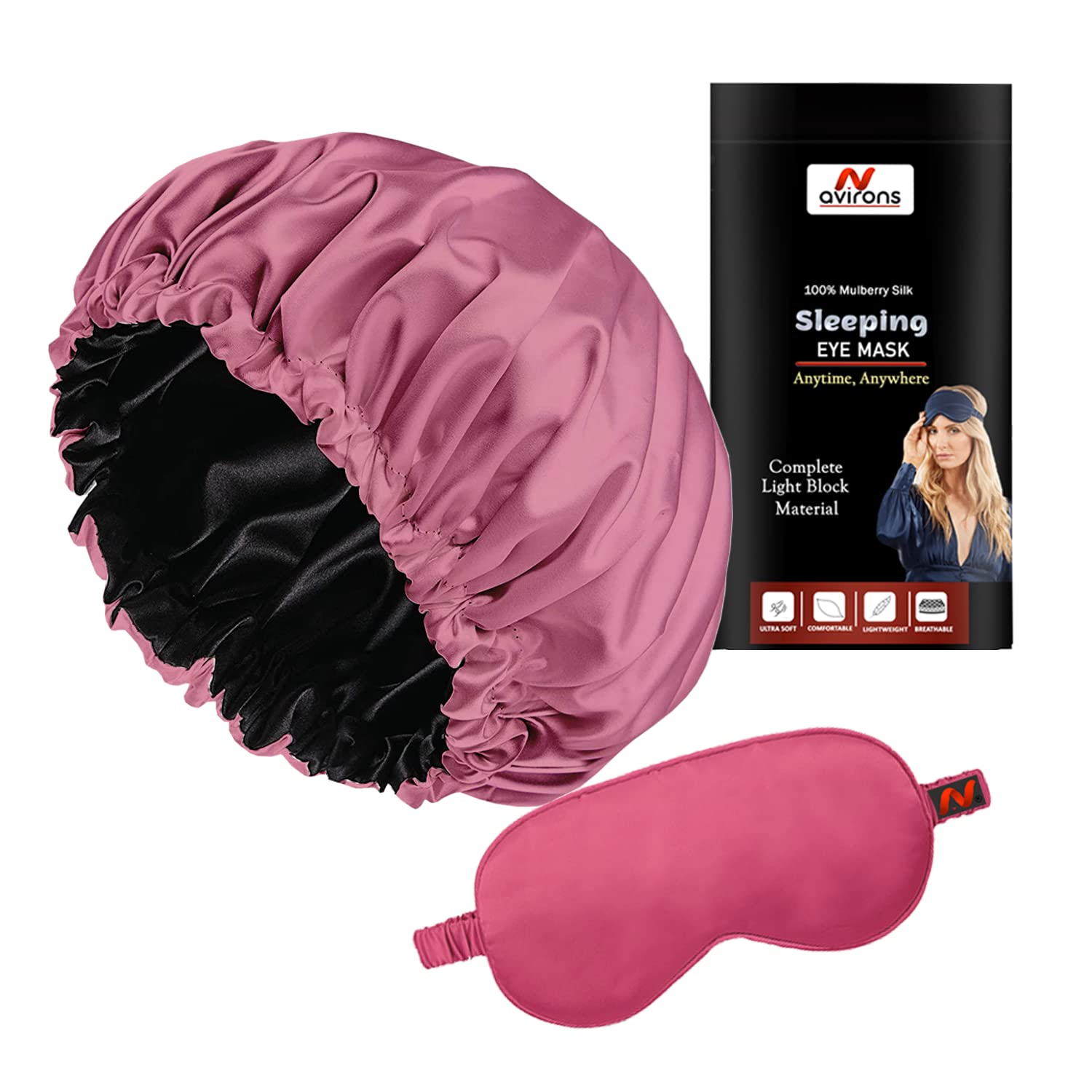 Avirons Silk Hair Bonnet with Sleep Mask | Adjustable Double Layer Satin Sleeping Cap for Women & Men | Travel-Friendly Night Hat for Hair Protection & Comfortable Sleep at Home or On-the-Go