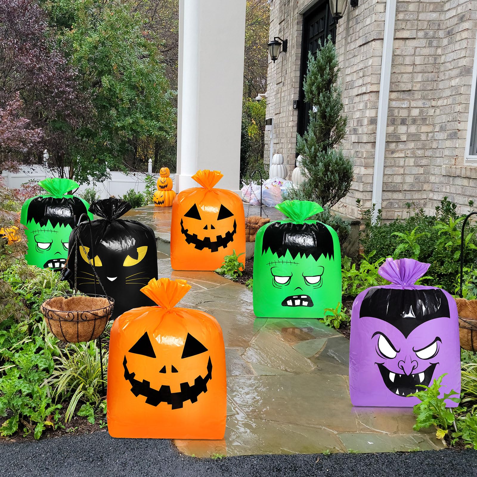 Qilery 4-Pack Extra Large Halloween Pumpkin Leaf Bags - Heavy Duty Reusable Plastic Lawn & Yard Waste Bags with Twist Ties | Fall Decor, Garden Cleanup, Outdoor Party Supplies & Trick-or-Treat Goodie Bags for Halloween Celebrations
