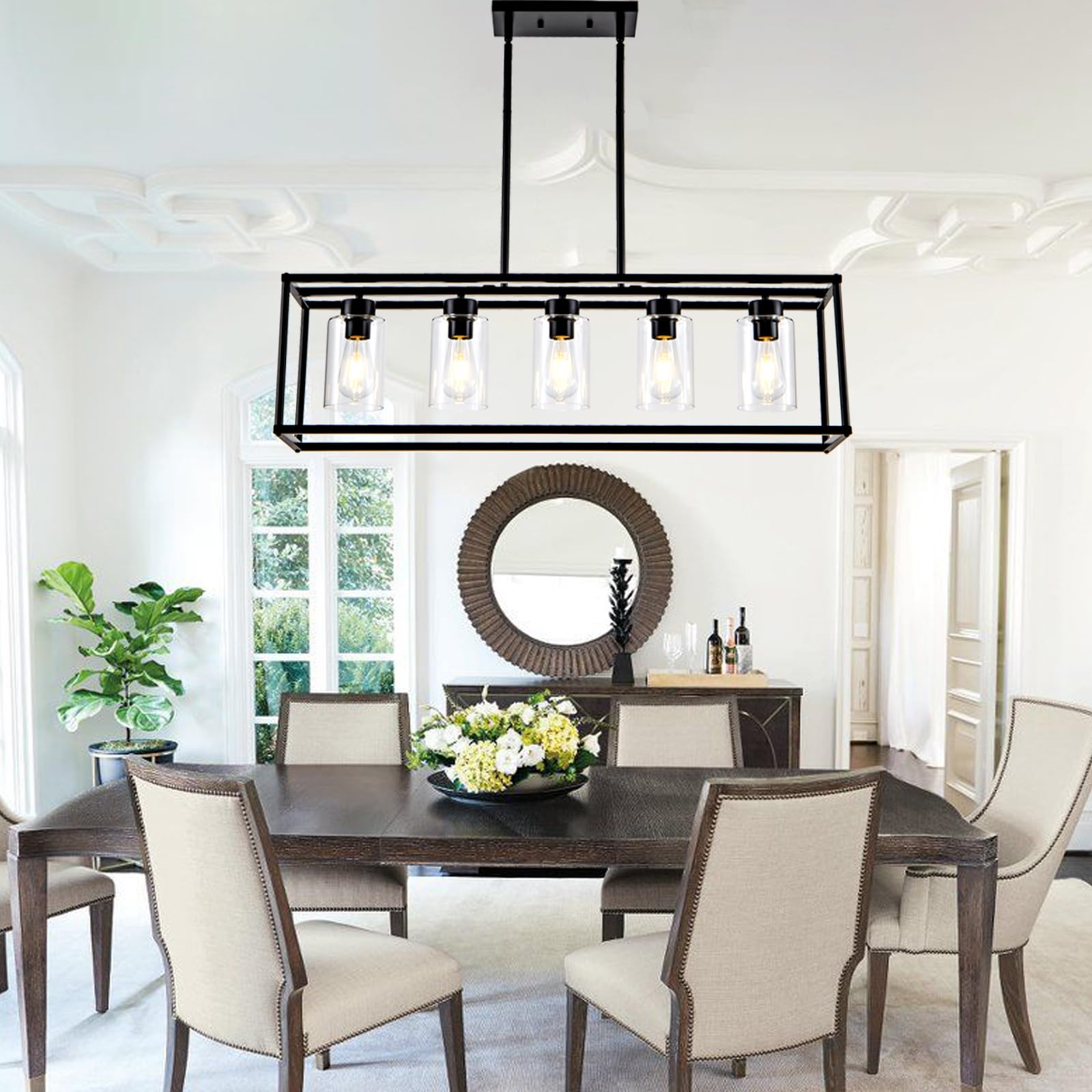 5-Light Matte Black Farmhouse Chandelier - Adjustable Height Rectangular Pendant Lighting for Dining Room, Kitchen & Living Room | Modern Industrial Hanging Light Fixture for Farmhouse, Restaurant & Home Decor