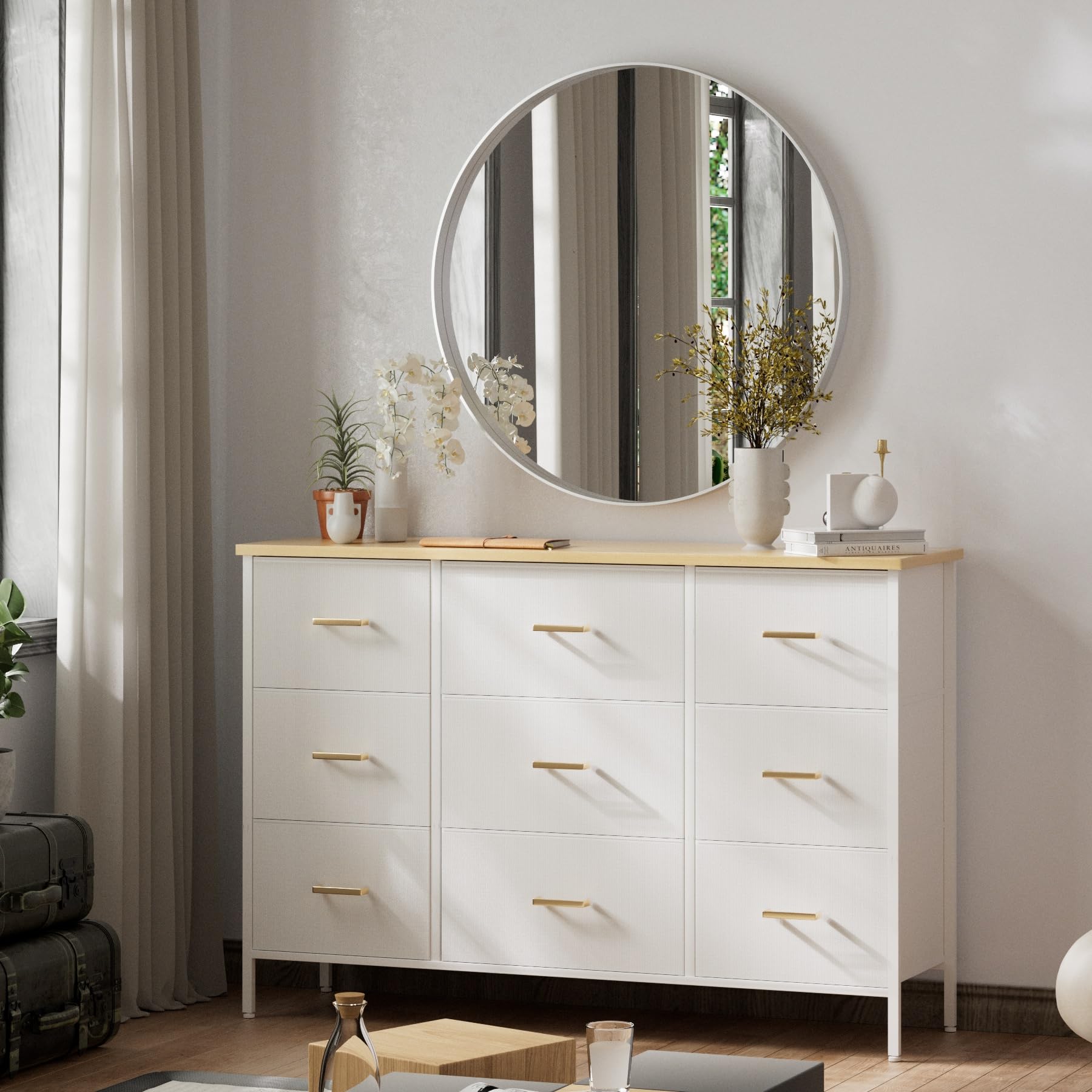 Modern Wide TV Stand with 9 Drawers - White Fabric Storage Cabinet for Bedroom, Living Room & Nursery | TV Console, Dresser & Closet Organizer for Home Entertainment & Storage Solutions