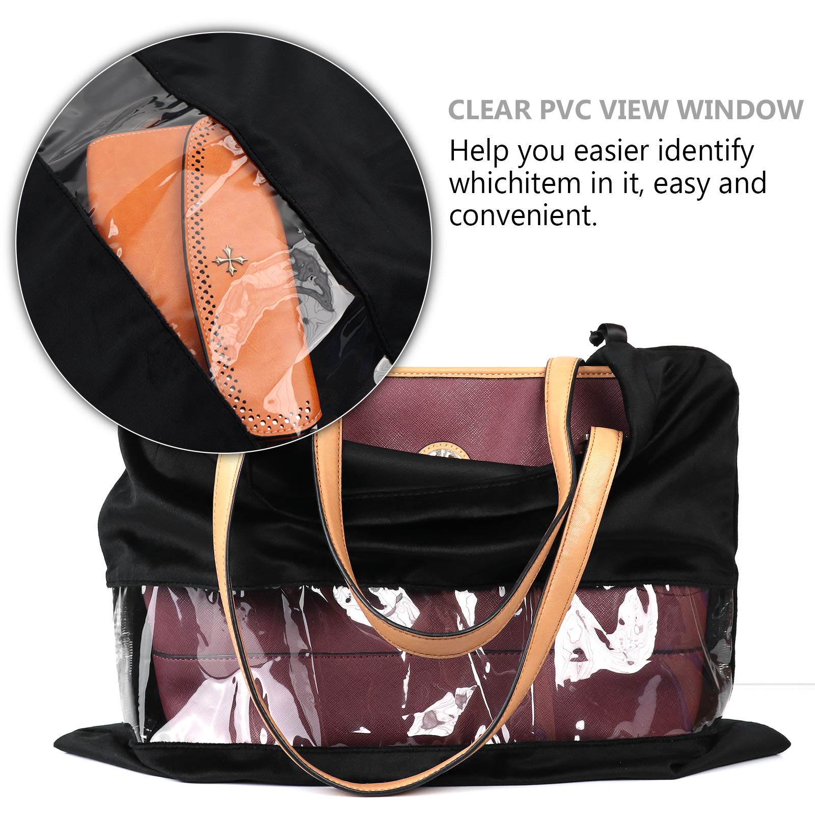 PlasMaller Dustproof Storage Bags Set of 2 - 17.7 x 15.7 Inch Terylene Flannel Drawstring Pouches with Clear View Window for Handbags, Purses, Shoes & Boots (Black) - Perfect for Closet Organization & Travel Accessory Storage