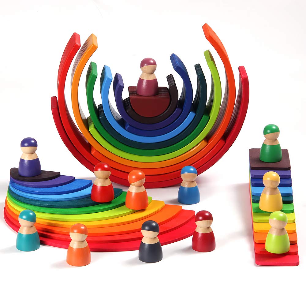 Wooden Rainbow Stacker Toy Set - Montessori Waldorf Educational Stacking Blocks with Semicircle Building Board - Open-Ended Learning Toy for Toddlers & Kids - Perfect Gift for Birthdays & Preschool Playtime (Rainbow Pack)