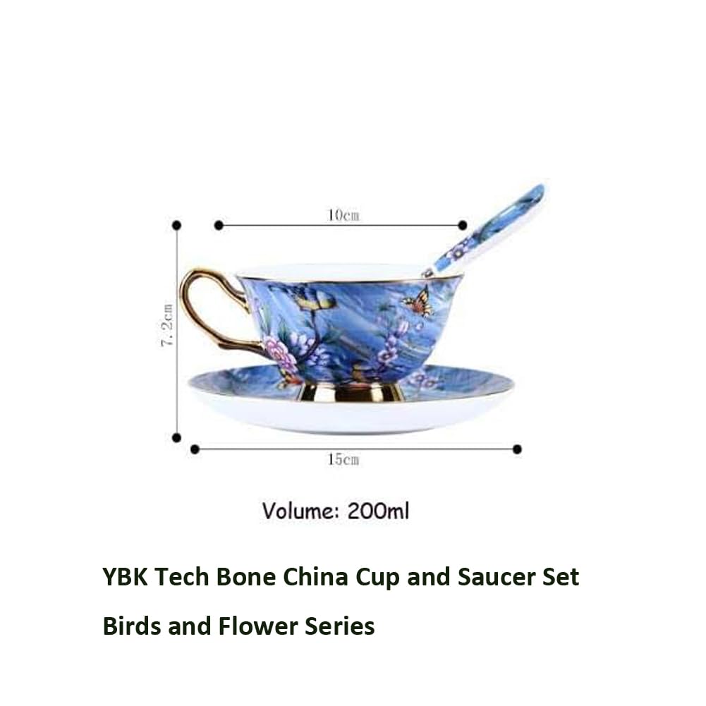 YBK Tech European Style Bone China Tea & Coffee Cup Set with Saucer - Elegant Blue Purple Birds and Trees Design for Breakfast, Home, and Kitchen Use | Perfect for Afternoon Tea, Coffee Breaks, and Dining Decor