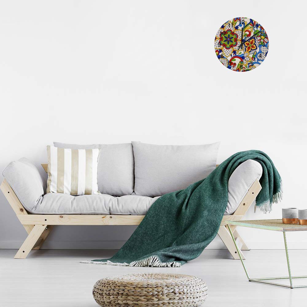 Rashu 12 Inch Round Wall Clock - Silent Non-Ticking Wooden Clock with Mexican Talavera Pattern, Battery Operated, Easy to Read Numbers - Perfect for Living Room, Kitchen, Bathroom & Office Decor