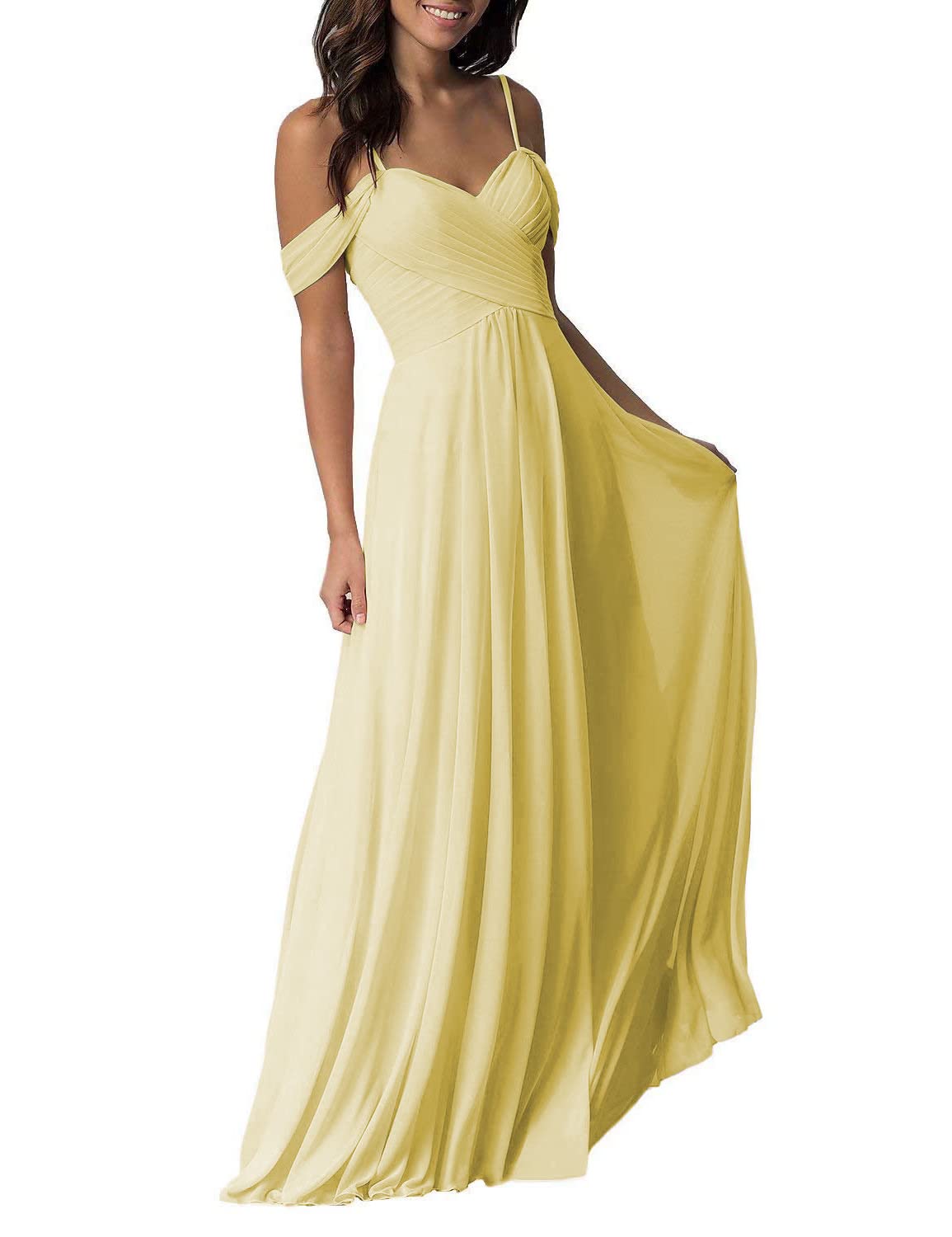 Elegant Yellow Off-the-Shoulder Chiffon Bridesmaid Dress for Women - Long Formal Evening Gown for Weddings, Prom & Special Occasions - Size 2