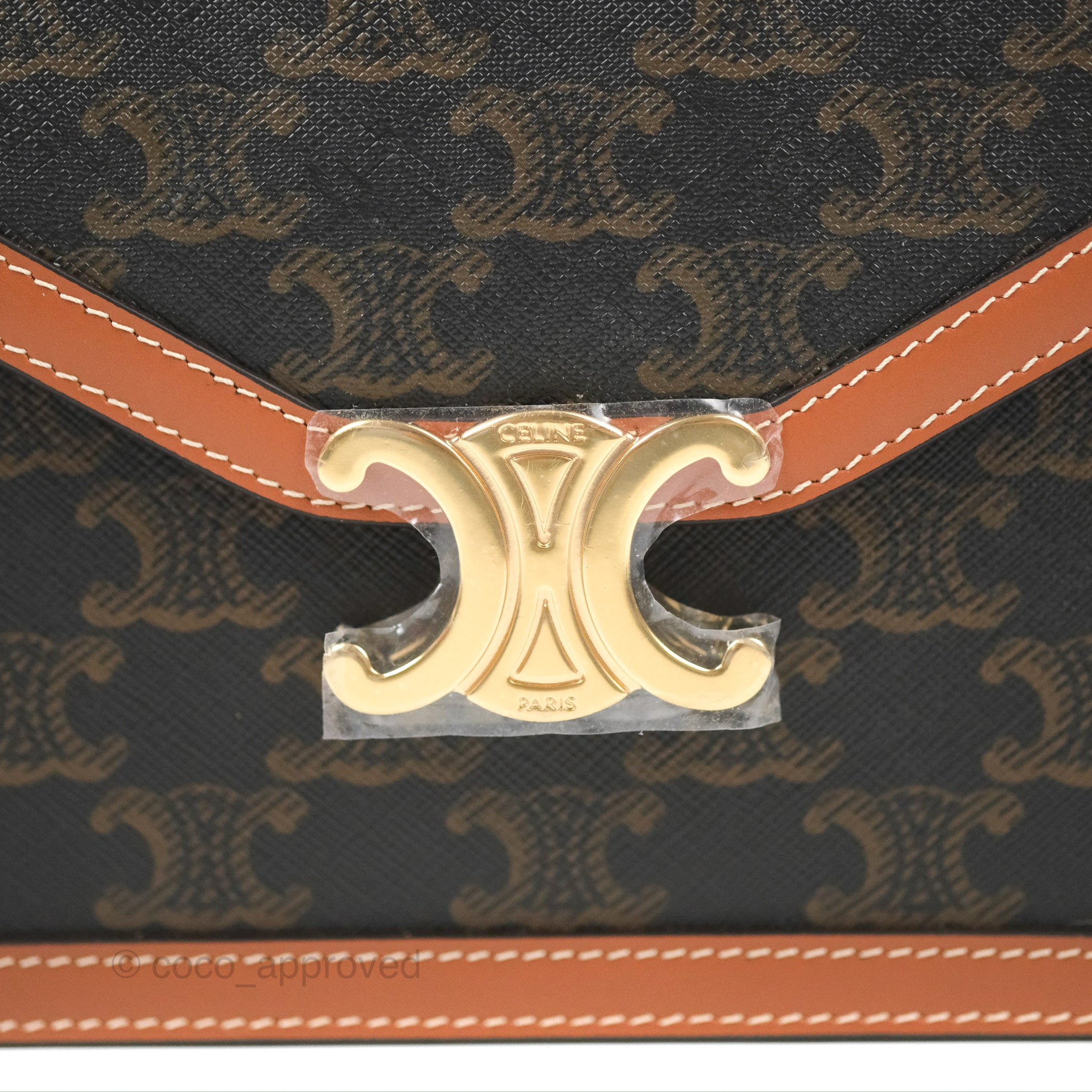 Celine Enveloppe Triomphe Bag in Triomphe Canvas & Tan Calfskin Leather - Luxury Shoulder Bag for Women, Perfect for Work, Travel & Evening Events