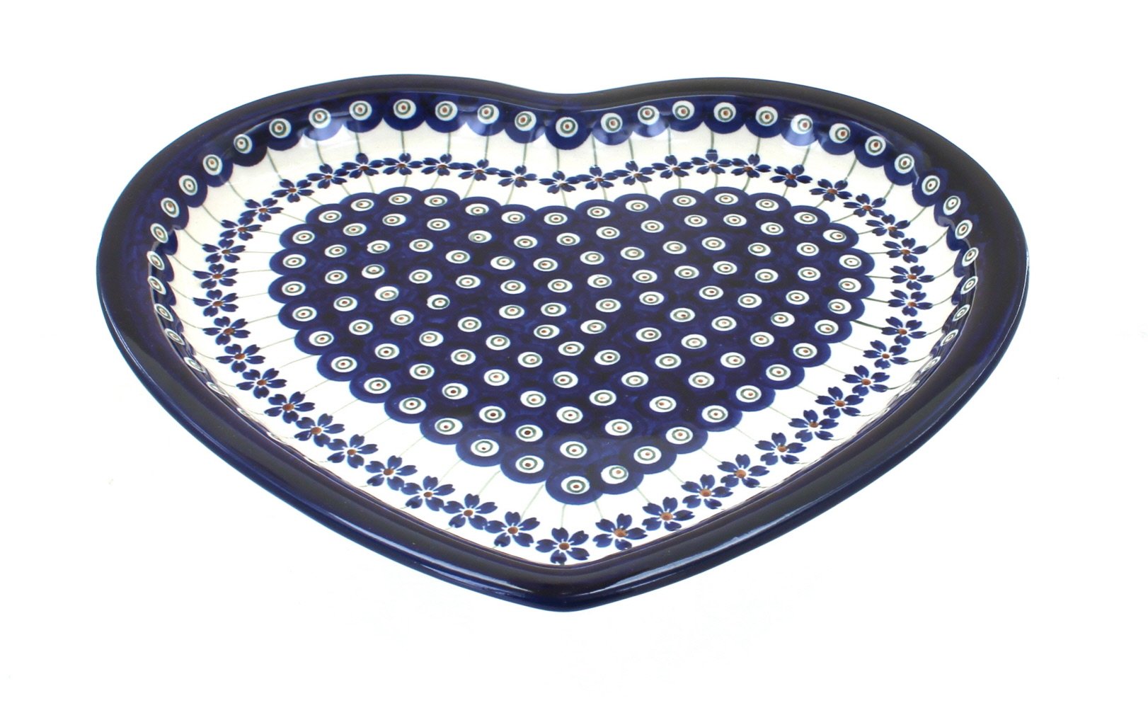 Handmade Blue Rose Polish Pottery Peacock Heart Plate - Elegant Decorative Dish for Dining, Wall Art & Gift Giving