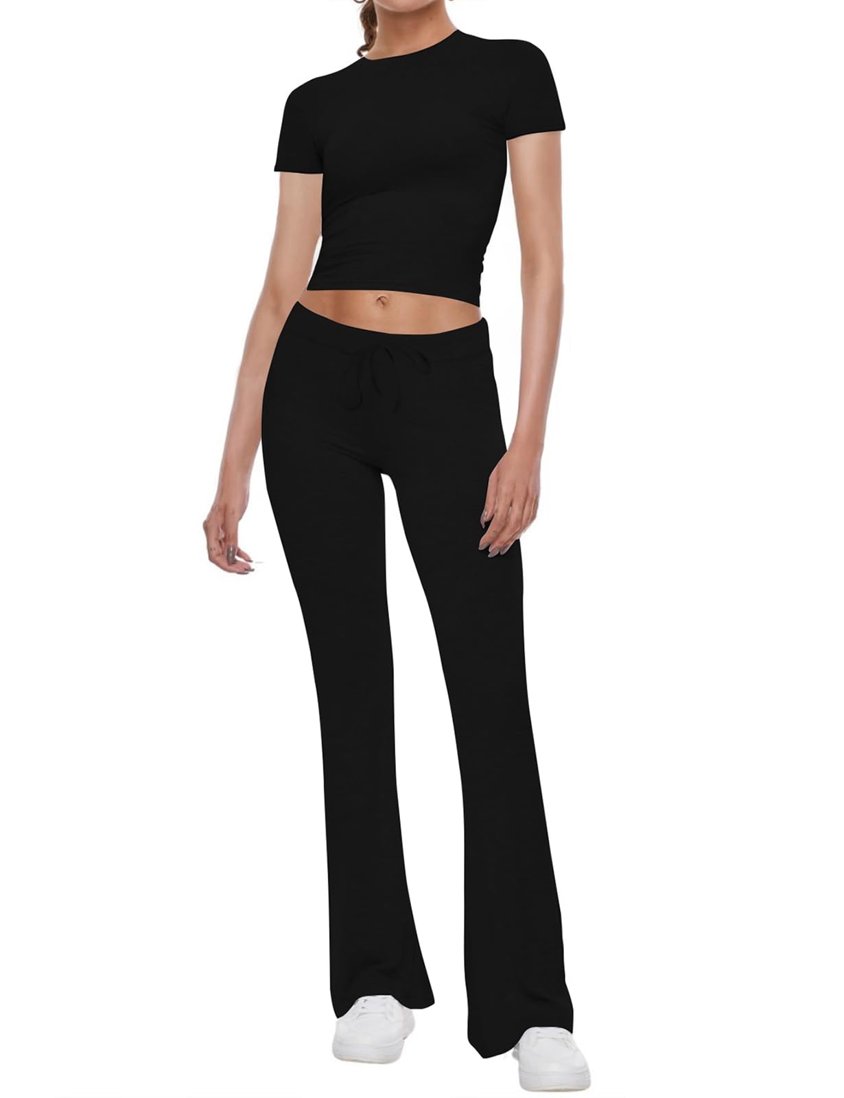 NANKEYSTAR Women's 2-Piece Lounge Set - Short Sleeve Crop Top & Flare Leg Pants Comfy Outfit | Perfect for Yoga, Travel & Relaxing at Home