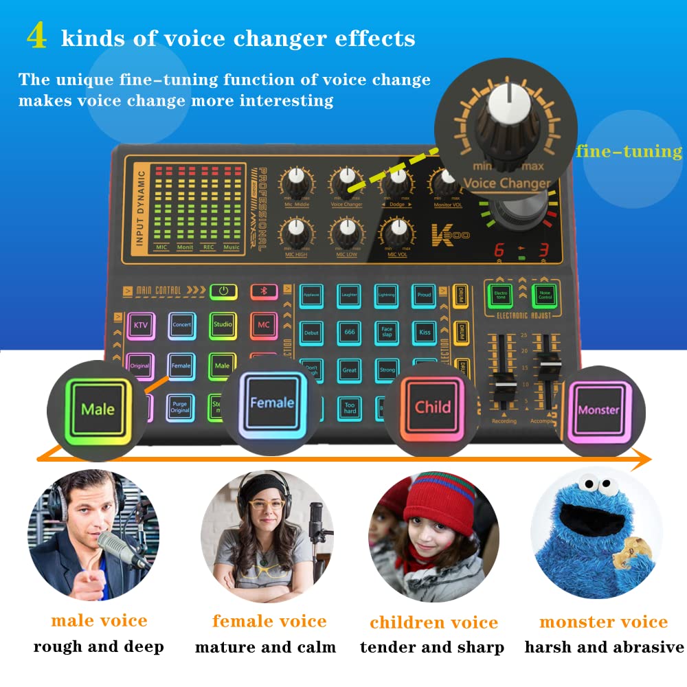 K300 Sound Effects Board Set with LED Light & Voice Changer - Professional Podcast Equipment for Live Streaming, YouTube, TikTok (Perfect for Gaming, Vlogging & Voice Modulation)