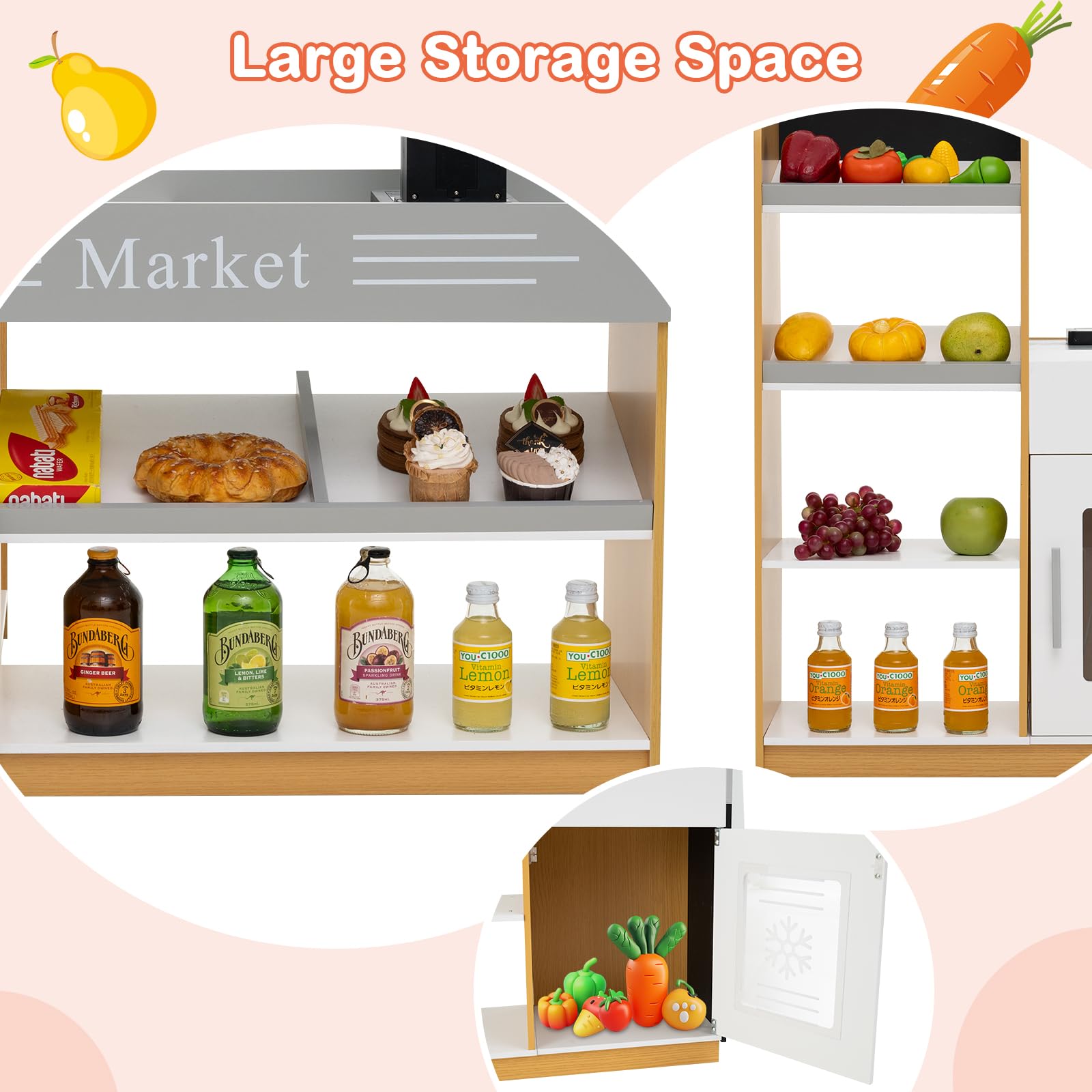 HONEY JOY Kids Wooden Grocery Store Playset with Shopping Cart, Supermarket Checkout Stand, Blackboard & Display Shelves - Pretend Play Toy for Toddlers & Preschoolers | Perfect Gift for Boys & Girls | Natural Wood Design for Home, Classroom & Playroom Fun