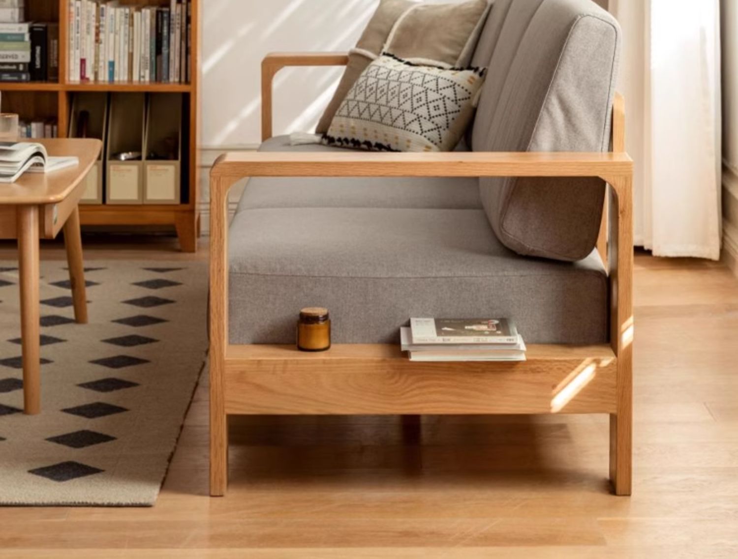 Oak Solid Wood Modern Fabric Sofa - Contemporary Living Room Furniture for Small Spaces & Apartments | Durable & Stylish Home Decor