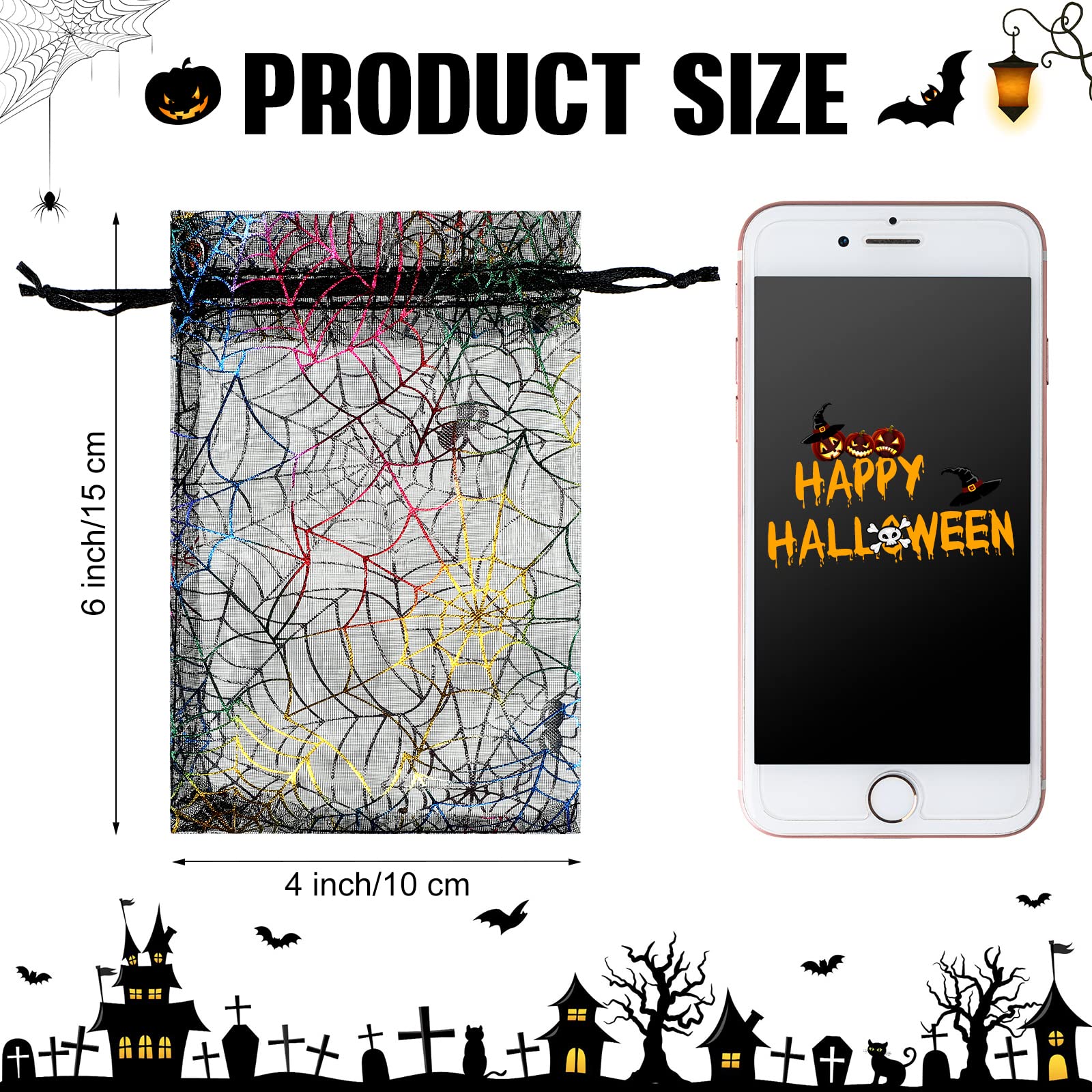 Chumia 270 Pcs Halloween Organza Bags with Drawstring - Spider Web Skull Print for Party Favors & Candy Gifts