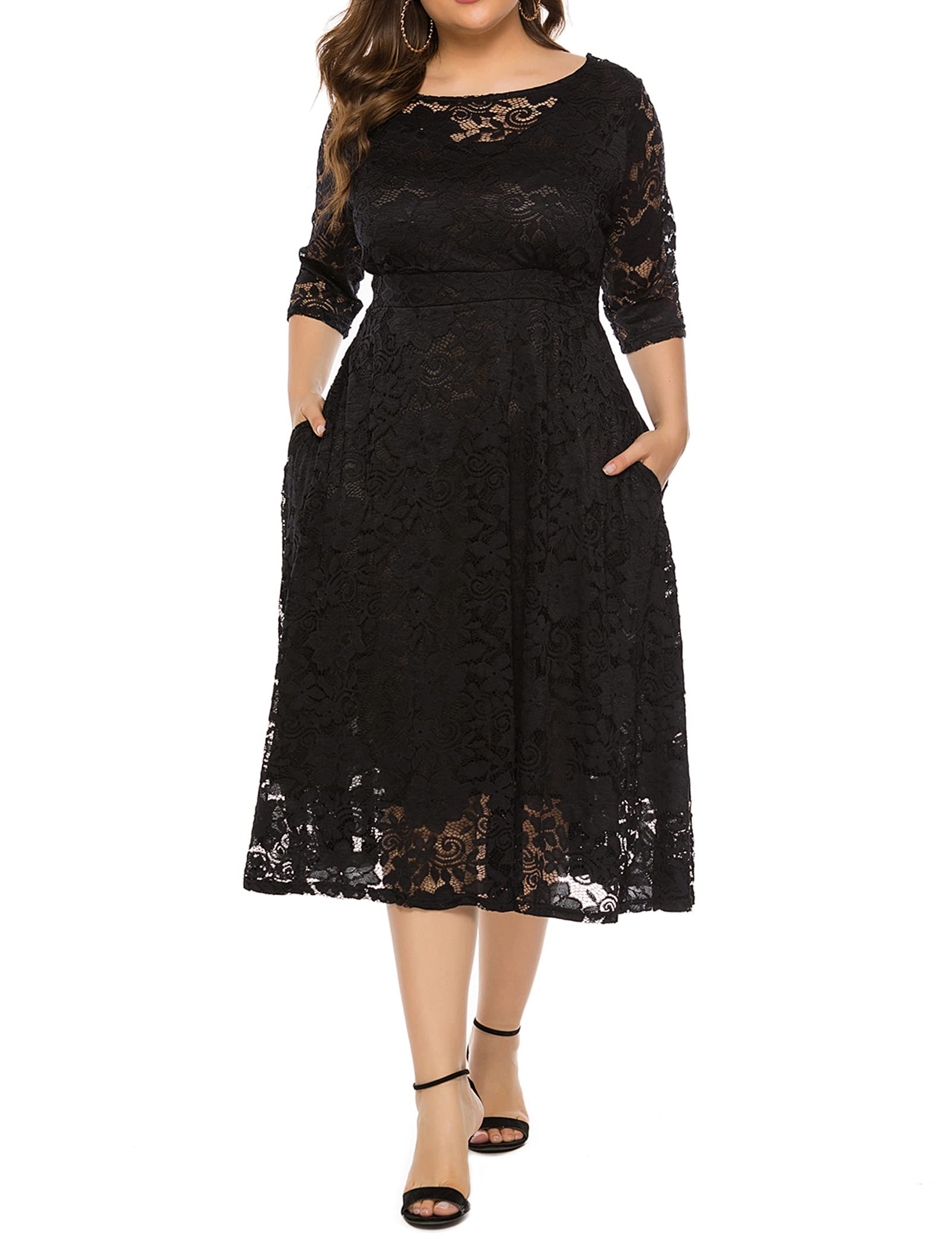 JUDYBRIDAL Women's Plus Size Floral Lace Cocktail Dress with Scoop Neck & Pockets - Elegant Swing Midi Dress for Parties, Weddings & Special Occasions
