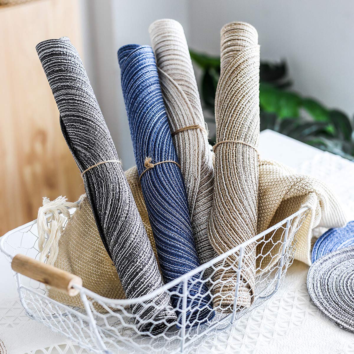 15 Inch Round Woven Placemats Set of 6 - Rustic Beige Linen Braided Table Mats for Dining, Farmhouse & Boho Style Kitchen Decor - Perfect for Dinner Parties, Holiday Gatherings & Everyday Use
