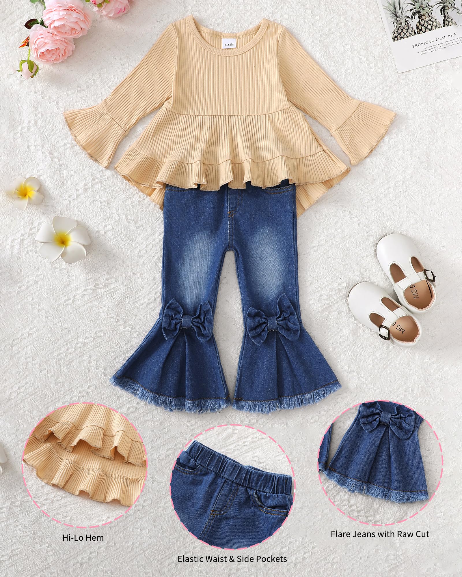 Cute Toddler Baby Girls Outfit - Long Sleeve Shirt & Flare Denim Jeans Set for Fall Winter | Casual Playdate & Family Photo Outfits