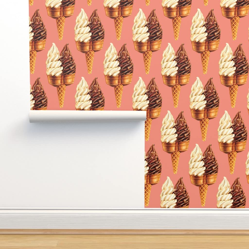 12ft x 2ft Removable Ice Cream Vintage Wallpaper - Pink Retro Food Design, Self-Adhesive Peel & Stick Wall Decor by Spoonflower | Perfect for Kids' Rooms, Kitchen Accent Walls & Summer-Themed Parties