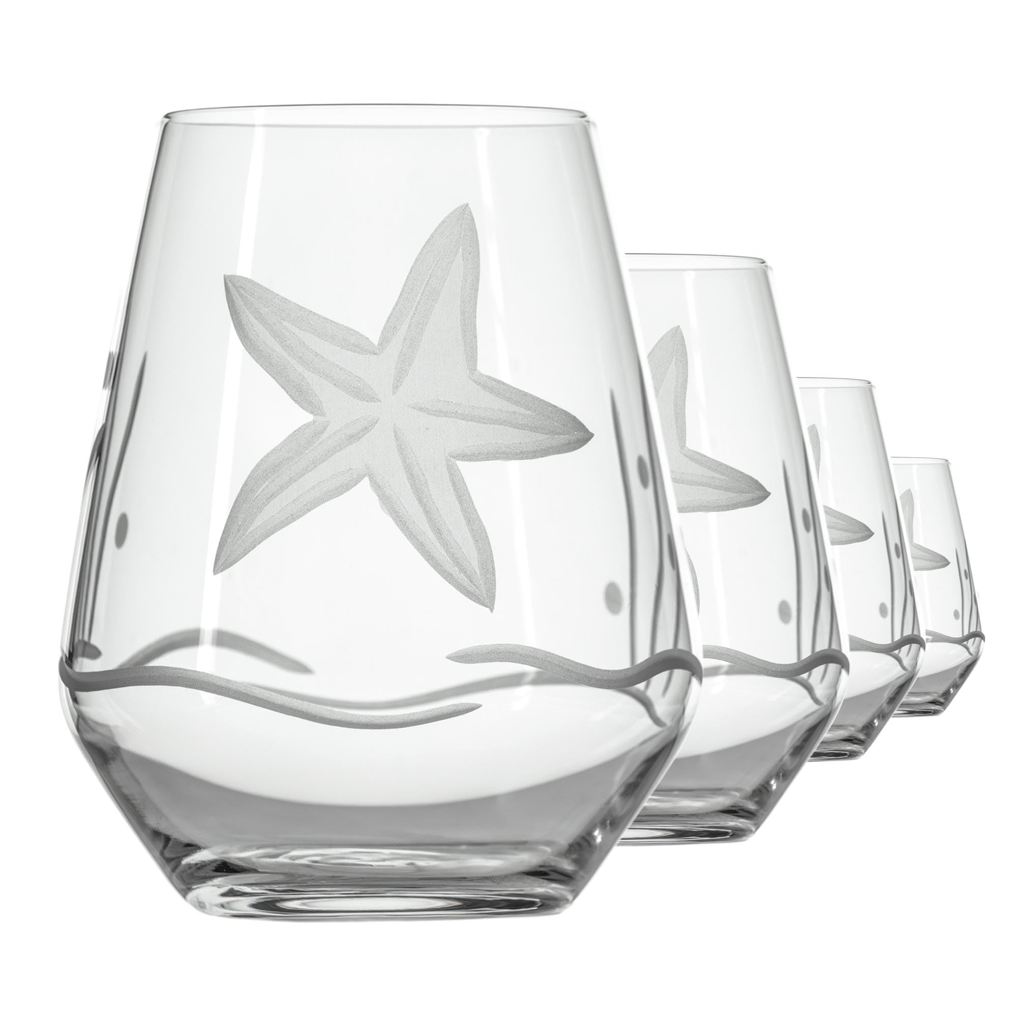 Rolf Glass Starfish Stemless Wine Glass Tumbler Set of 4 - 18oz Lead-Free Engraved Drinking Glasses - Handcrafted in USA - Perfect for Beach Parties, Wedding Gifts & Coastal Home Decor