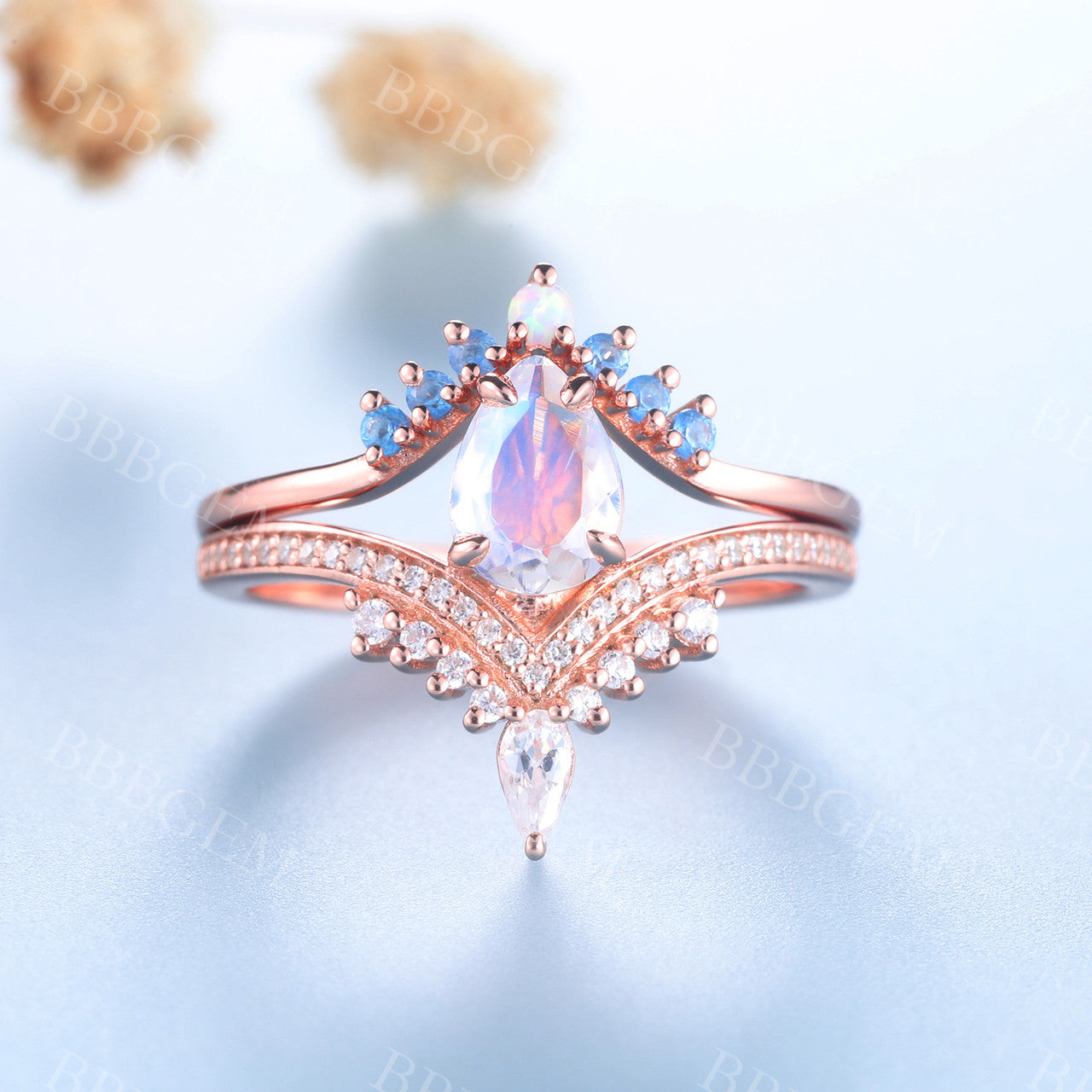 Vintage Rose Gold Moonstone Engagement Ring Set - Antique Bridal Jewelry for Women, Wedding Proposal, Anniversary Gift, Boho Chic Style