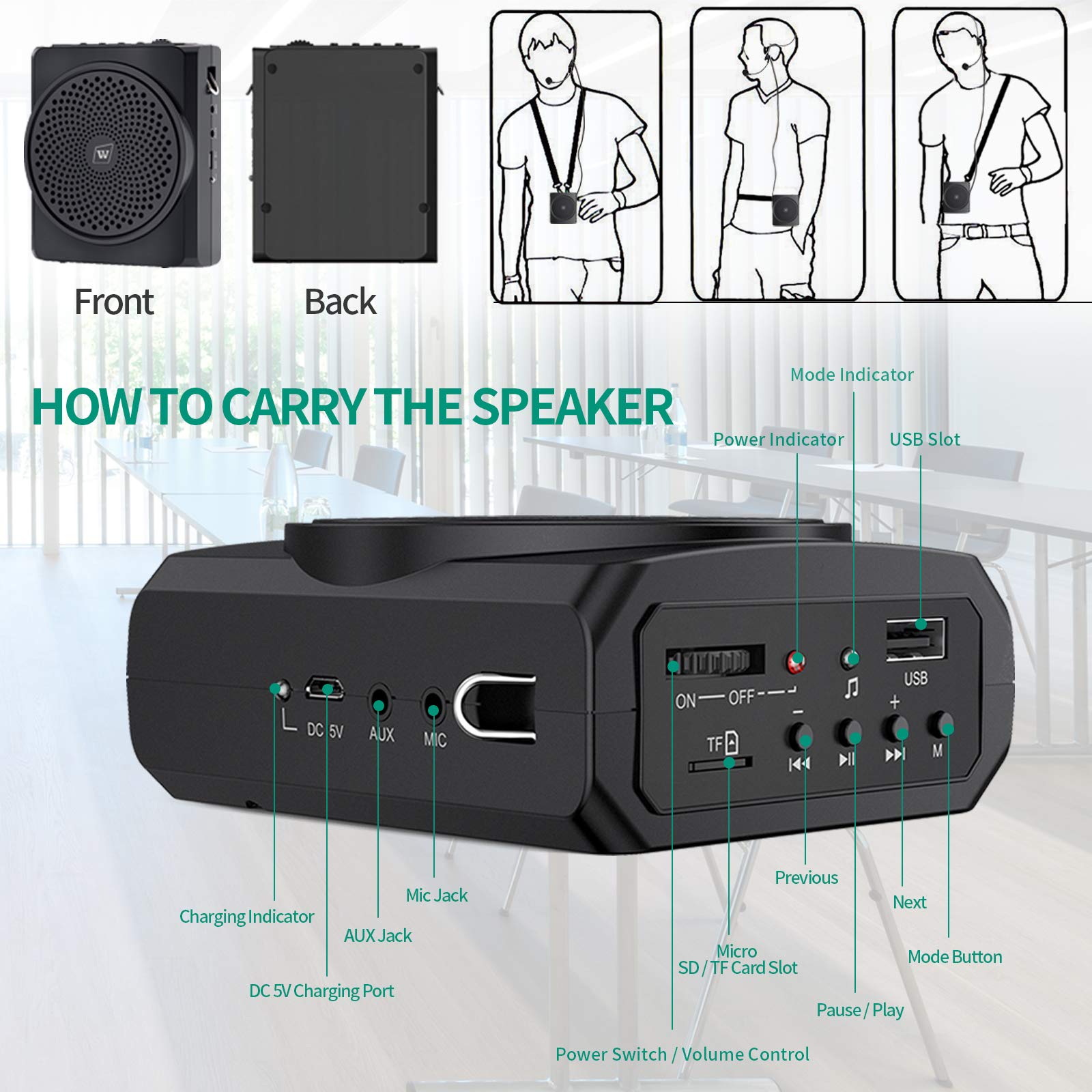 16W Personal Voice Amplifier with Headset Mic - Portable Mini Sound Speaker for Teachers, Tour Guides, Coaches - Ideal for Meetings, Indoor/Outdoor Events & Public Speaking