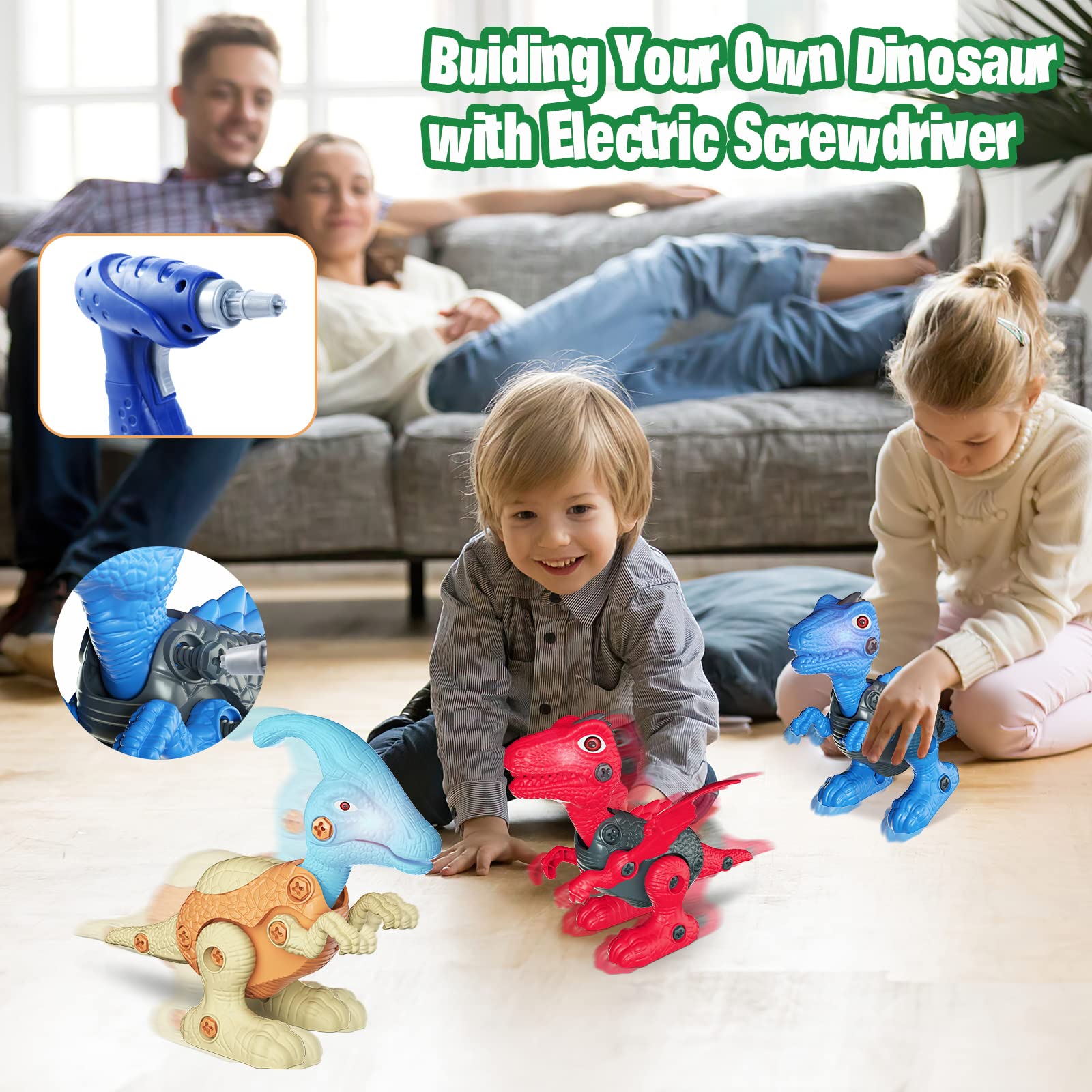 STEM Electric Drill Dinosaur Building Toys for Kids Ages 6-9 - Take Apart Construction Set with LED Lights & Walking Action - Educational Birthday Party Gifts for Boys (Perfect for STEM Learning, Creative Play & Dinosaur-Themed Parties)